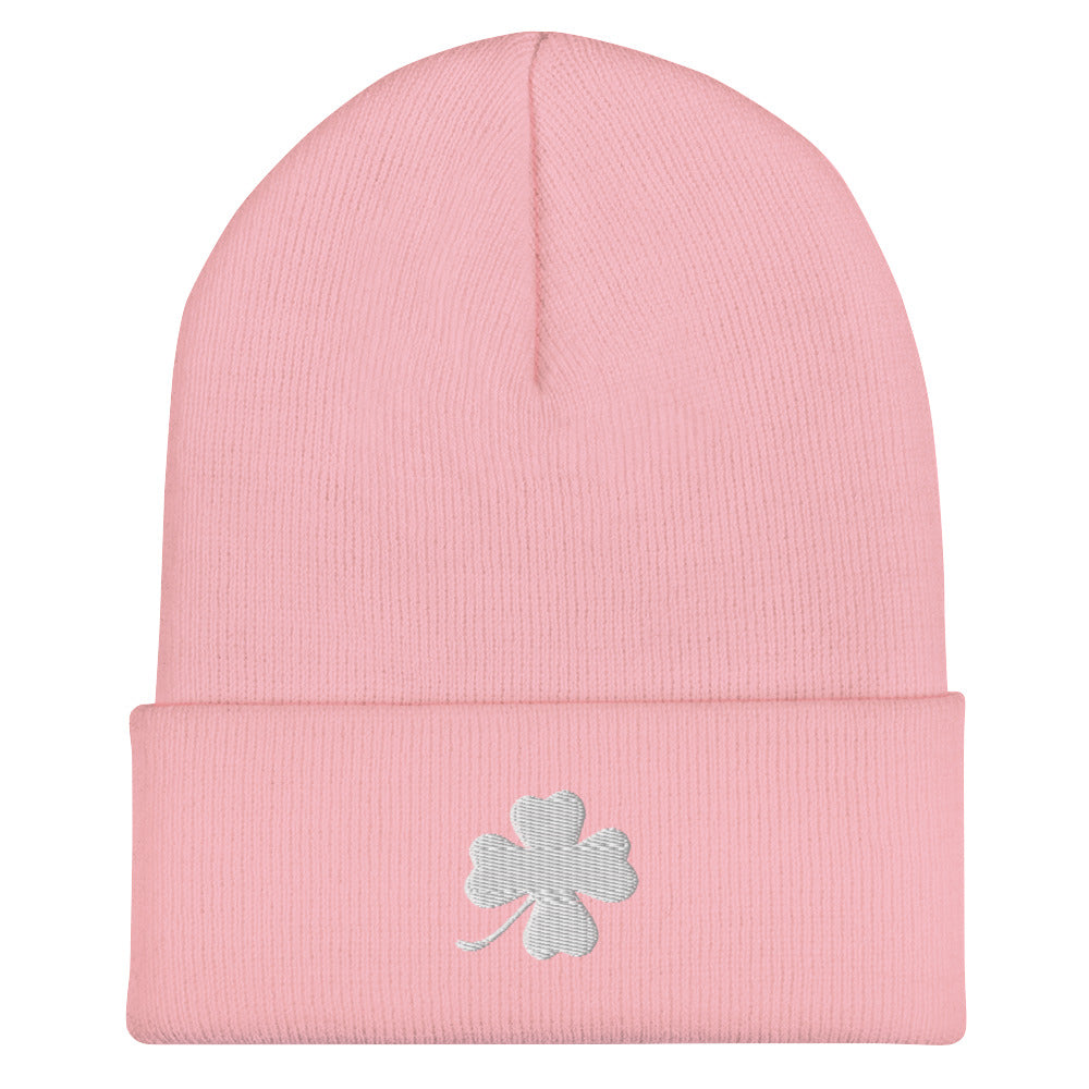 Light Pink four leaf clover beanie - Looking for the perfect green clover beanie? A lucky gift for a friend? Our Four Leaf Clover Beanie is warm, cozy and made just for you. It comes in a variety of colors with a white four leaf clover, expertly embroidered on the front.
