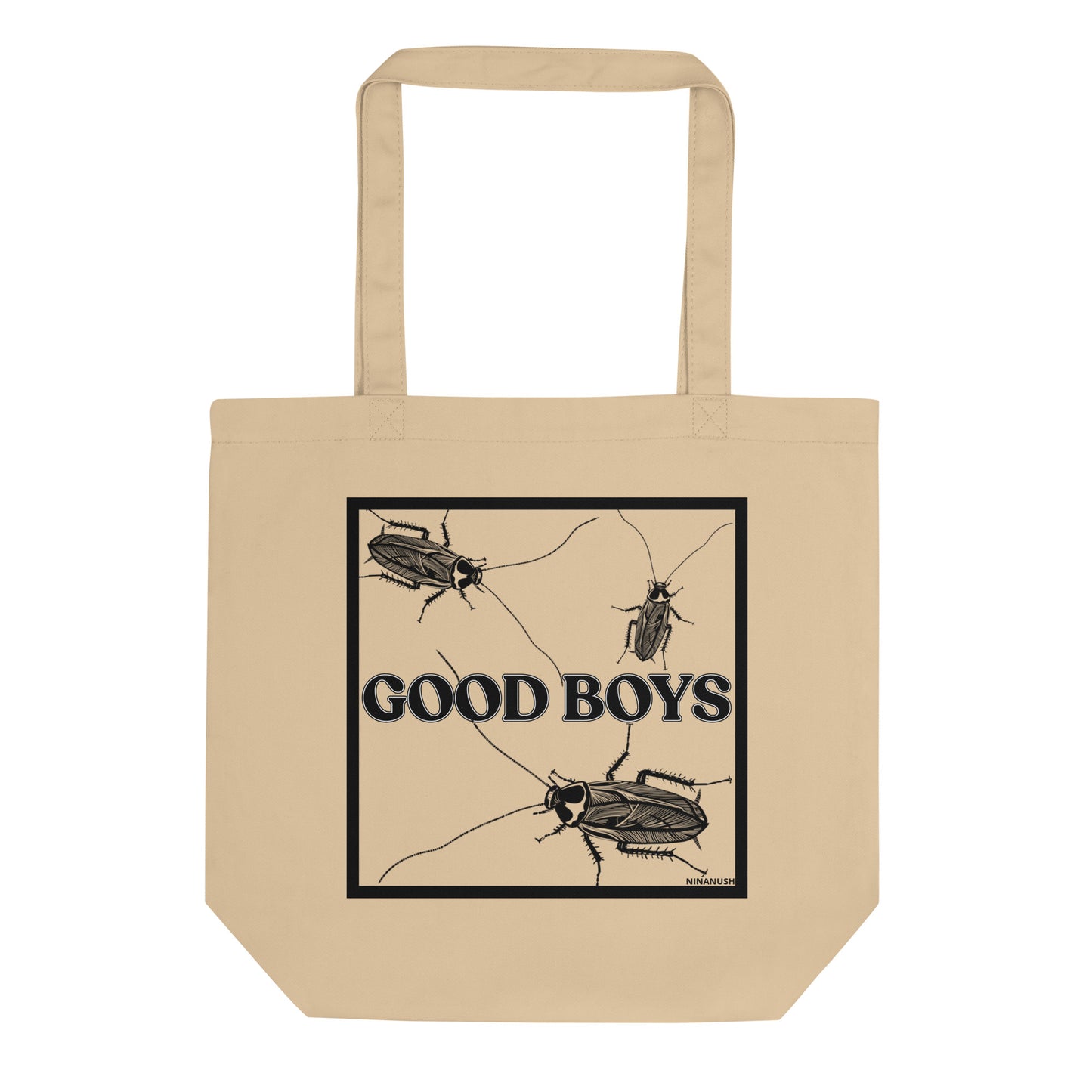 Tan good boys cockroach tote bag from Nina's Funky Shop by ninanush - Good boy alert! A funky cockroach tote bag that's weird, unique and made of 100% organic cotton. It's an original weird cockroach design that's hand drawn by Nina and expertly printed on an eco friendly tote bag. Stay weird and stand out with this eye catching tote or give it as a funny gift for an insect enthusiast.