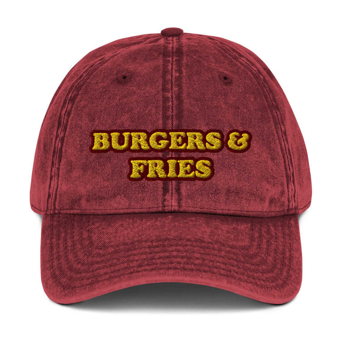 Embroidered red dad hat - The burgers & fries dad hat for burger lovers and foodies. It's a funny food hat to show off your love of veggies burgers, burgers of all kinds and the perfect gift for fast food enthusiasts. Wear it as a unique statement hat for everyday street wear or give it as a funny gift for foodies or your favorite burger lover.