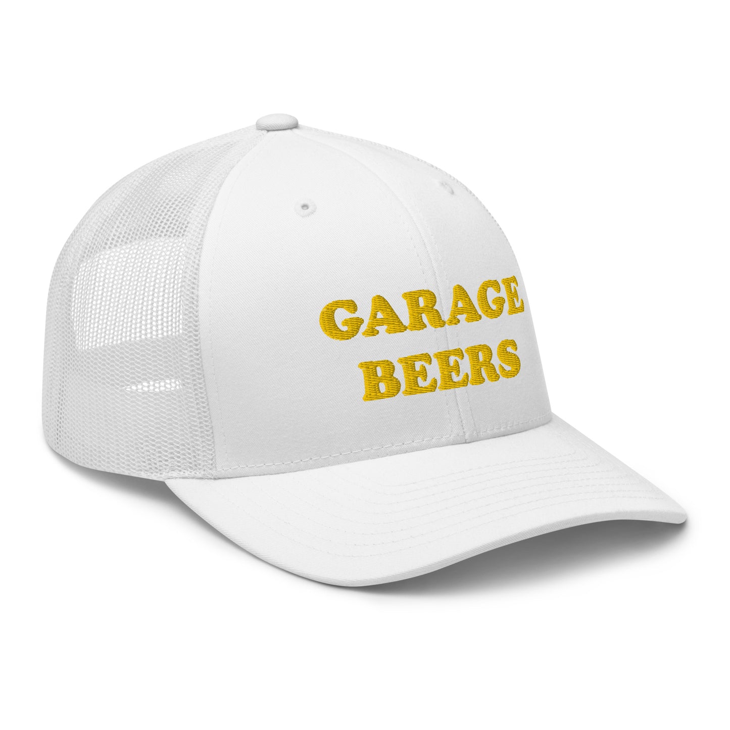 White Garage Beers Trucker Hat from Nina's Funky Shop - Love Beer? Looking for a funny gift for a friend? This Garage Beers Trucker Hat is comfortable, has a convenient adjustable closure and comes in a variety of colors with "garage beers", expertly embroidered on the front. It's a funny trucker hat for everyday beer lovers.