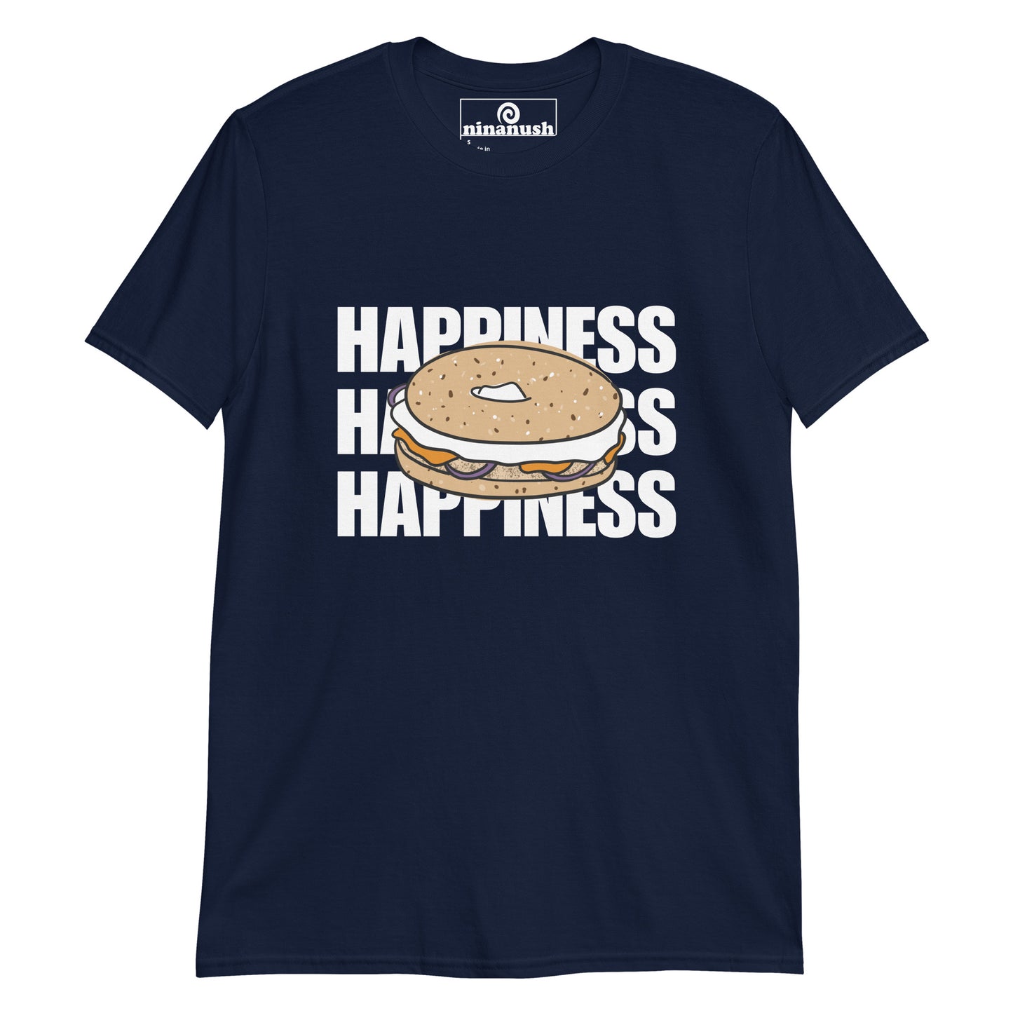 Navy blue everything bagel happy shirt for foodies - Do bagels make you happy? This unique bagel shirt is soft, comfortable and made just for you. Show off your love of bagels in this funny bagel lover t-shirt. It's a colorful and funky shirt for foodies of all kinds and everything bagel enthusiasts. Give this weird graphic tee as a gift for foodies or wear it on your everyday bagel adventures.