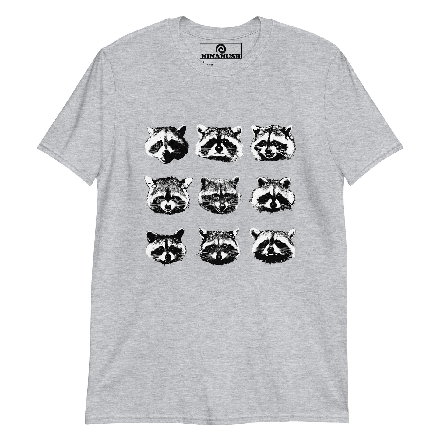 Light Gray Raccoon T-shirt from Nina's Funky Shop by ninanush - Do you love cute raccoons? Looking for a fun gift for raccoon lovers? This raccoon faces T-Shirt is just what you need. It's a soft and comfortable cotton shirt with nine unique and funny raccoon faces, expertly printed on the front. Stay weird in this funny raccoon t-shirt design. Perfect for raccoon enthusiasts of all kinds.