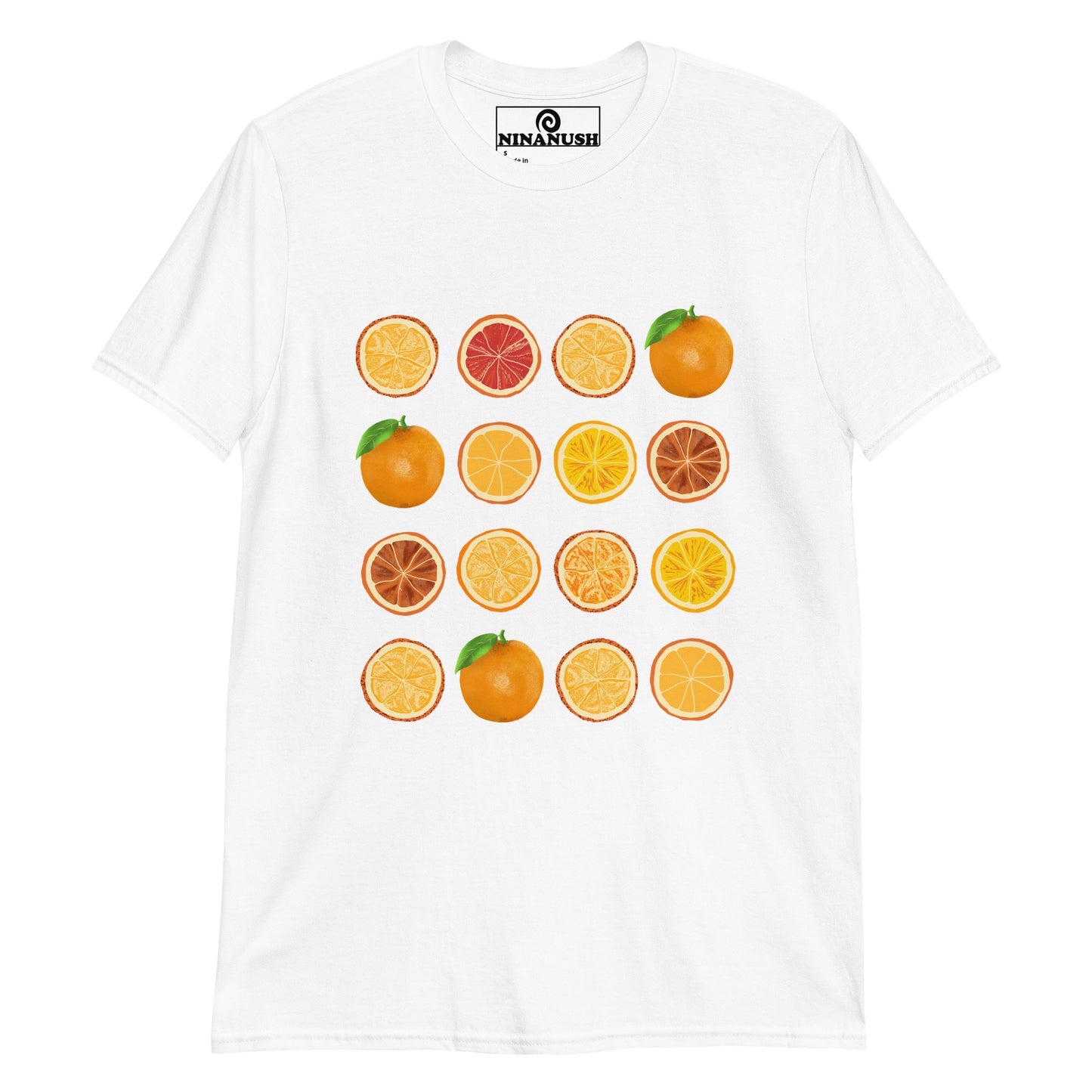 White fruit lover t-shirt with colorful orange slices - This colorful fruit t-shirt has 16 bright oranges printed on a classic t-shirt. If you love oranges, this foodie t-shirt is just what you need. It's a totally unique orange slices shirt that's funky and perfect for orange enthusiasts. Eat oranges in style and stand out in an orange lover t-shirt made just for you.
