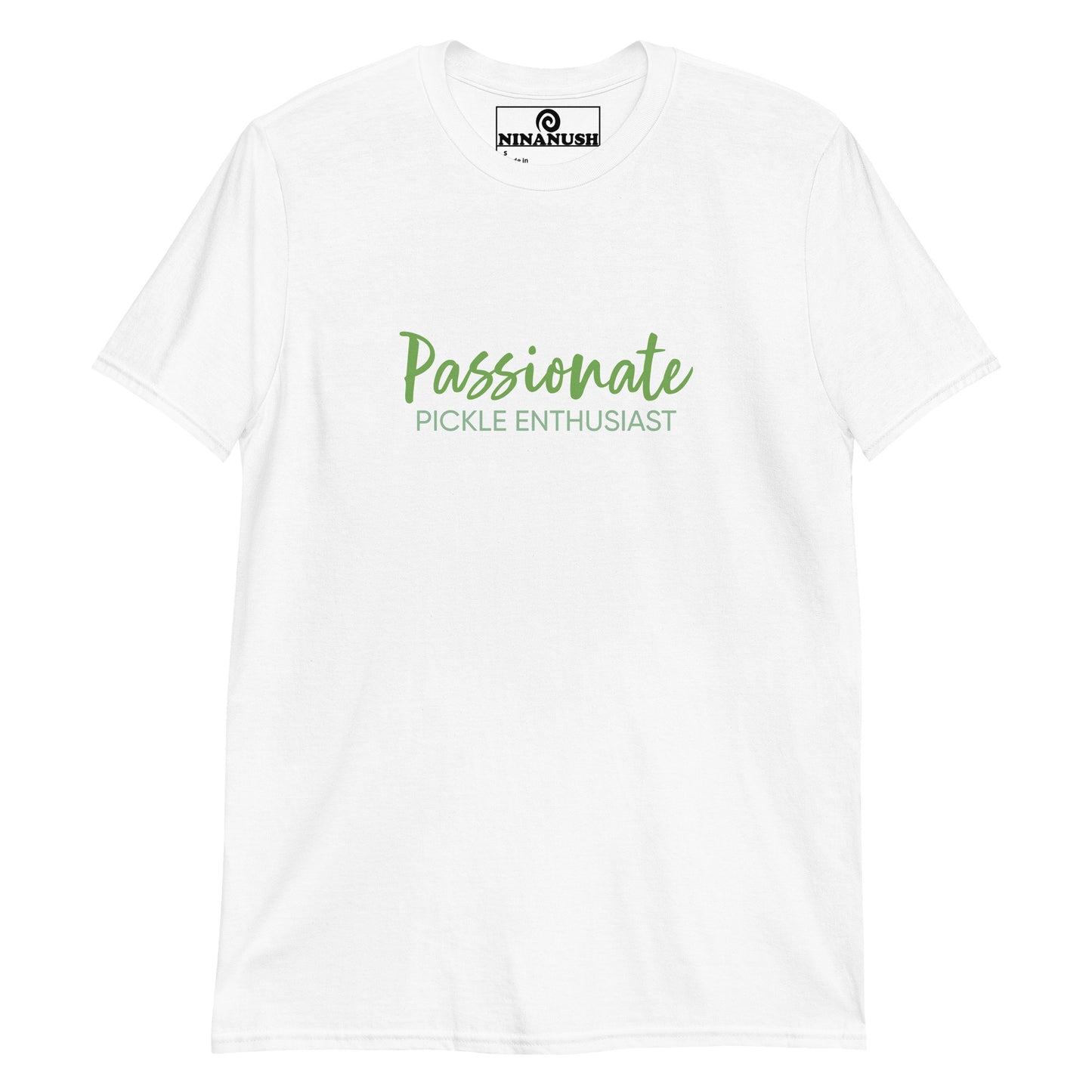 White pickle enthusiast t-shirt - A cotton T-Shirt for pickle lovers with the words "Passionate Pickle Enthusiast" printed in shades of pickle green. It's a soft, comfortable pickle lover shirt that's designed for foodies and made just for you. This unique foodie shirt makes a funny gift for pickle enthusiasts and unusual graphic tee for foodies.