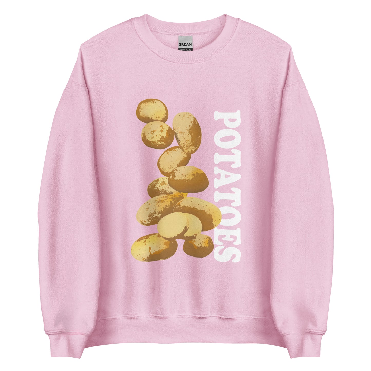 Light Pink sweatshirt with potatoes design - Love Potatoes? Looking for a unique gift for a fellow potato enthusiast? This unisex sweatshirt is warm, super soft and cozy, and made just for you. It comes in a variety of colors with a hand drawn potatoes design by Nina, expertly printed on the front.