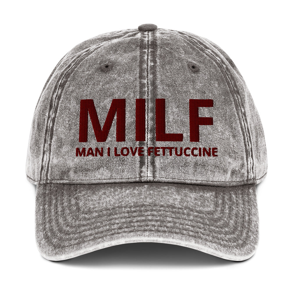 Gray MILF man I love fettuccine dad hat from Nina's Funky Shop by ninanush - This funny MILF dad hat is comfortable, unique and makes the perfect hat for foodies and fettuccine enthusiasts. It comes in a variety of colors with "MILF Man I Love Fettuccine" embroidered on the front. Stand out, eat pasta and add a little personality to your style in this funny dad hat for fettuccine lovers.