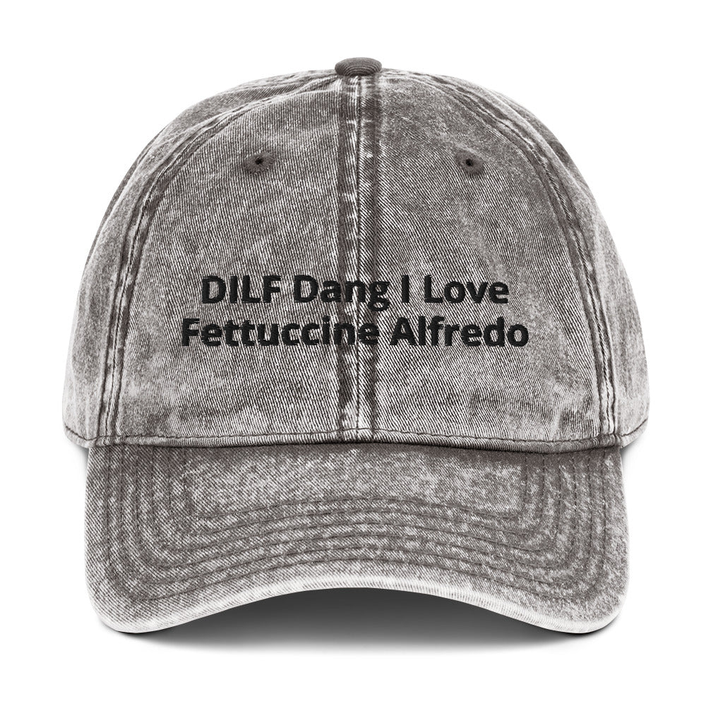 Gray funny DILF dad hat from Nina's Funky Shop by ninanush - This unique DILF dad hat is the perfect hat for foodies and fettuccine Alfredo enthusiasts. It comes in a variety of colors with "DILF Dang I Love Fettuccine Alfredo" embroidered on the front. Stand out, eat pasta and add a little personality to your style in this funny dad hat for fettuccine Alfredo lovers and DILFs.