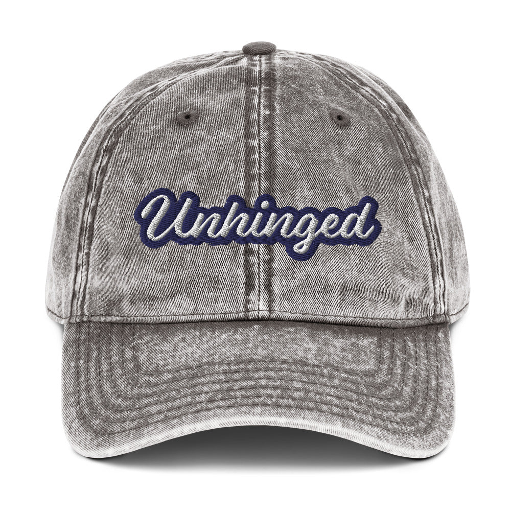 Gray unhinged dad hat from Nina's Funky Shop by ninanush - UNHINGED⚡ Stand out in this vintage style dad for absolutely unhinged individuals. It has an adjustable closure and comes in a variety of colors with a the word "Unhinged" expertly embroidered on the front. Stay weird, stay wild and live your best life in this funny dad hat. It's designed by Nina, and made just for you.