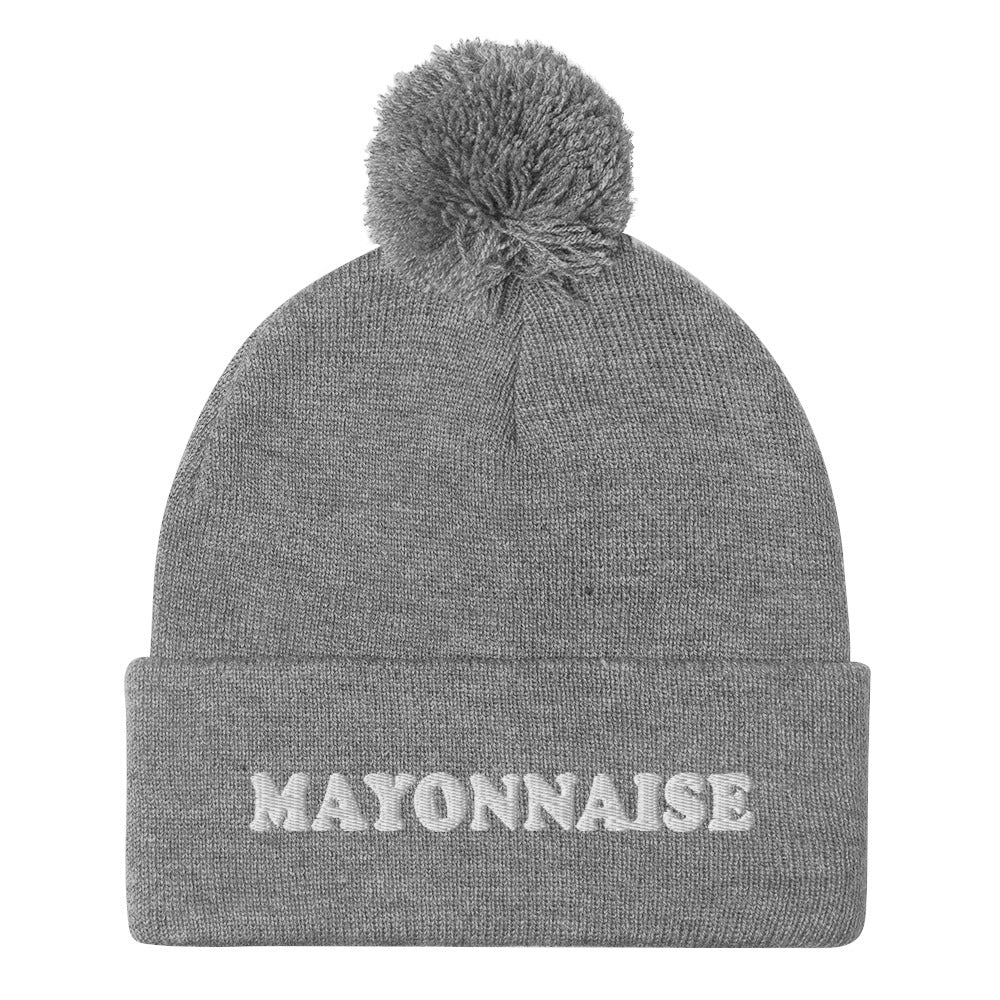 Gray mayo beanie hat for mayo lovers - Weird gift for mayo lovers - This funny mayonnaise beanie is a funky, warm and cozy hat for foodies.. It's a classic beanie with a pom pom on top and a unique foodie embroidery. The weird condiments hat is weird and a perfect gift for mayo lovers. Stay weird and celebrate your favorite condiments and foods in our unique foodie clothing and accessories.