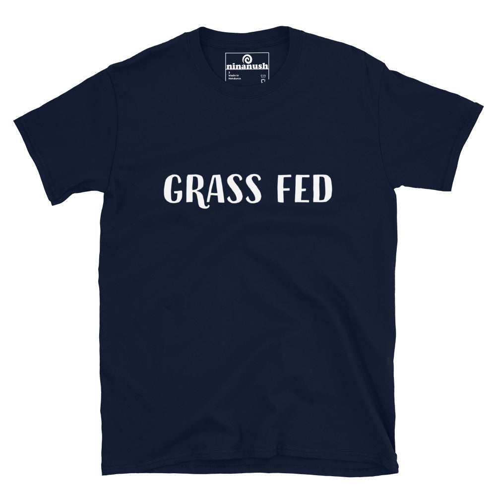Navy blue t-shirt for vegans and vegetarians - This grass fed t-shirt is soft, comfortable and made just for you. It's a funny vegan foodie t-shirt that makes a statement about being vegan in style. It's a classic shirt with a cute plant based saying on the front. Wear the grass fed shirt on your next plant based adventure or give it as a funny gift for vegans.