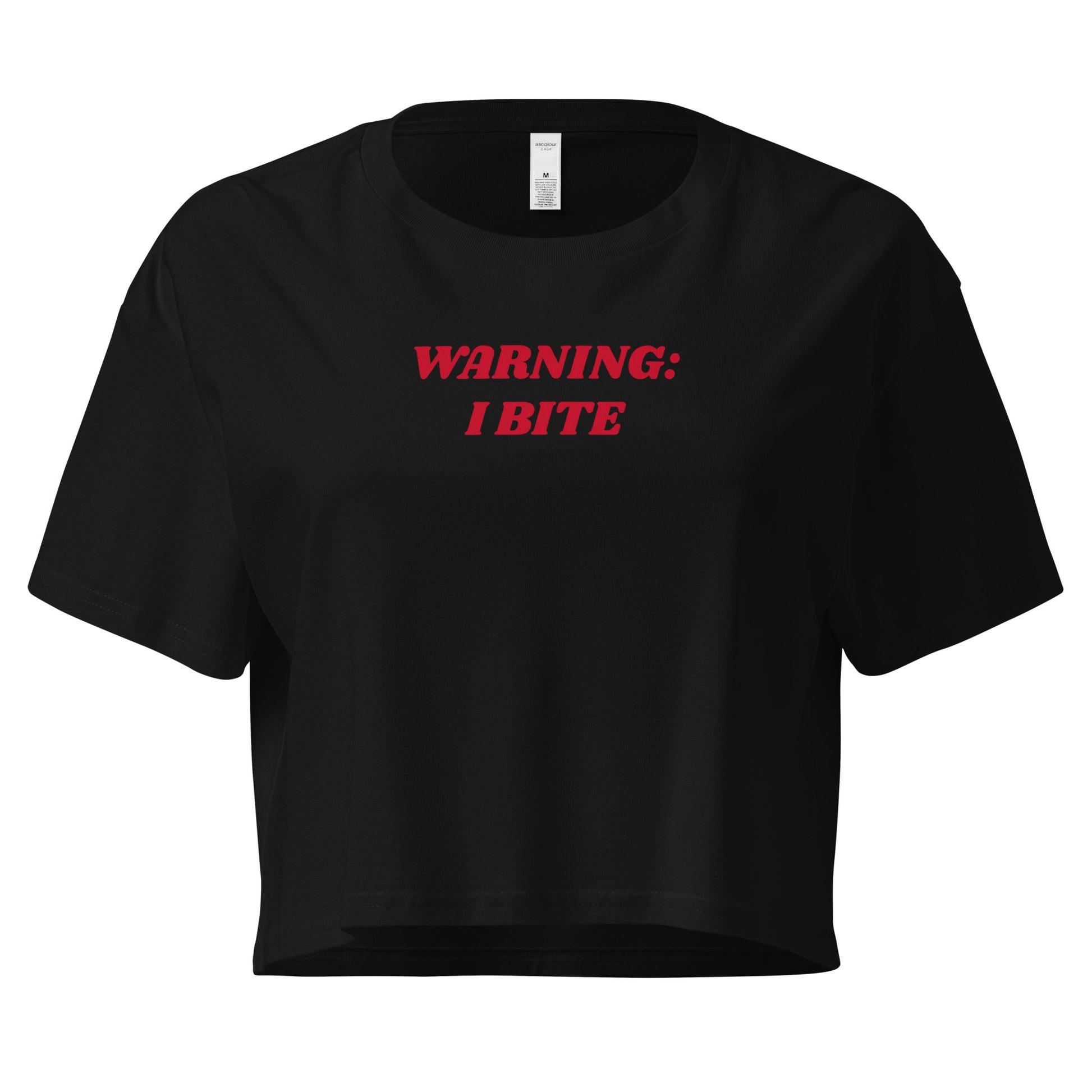 Black Warning: I Bite Crop Tee