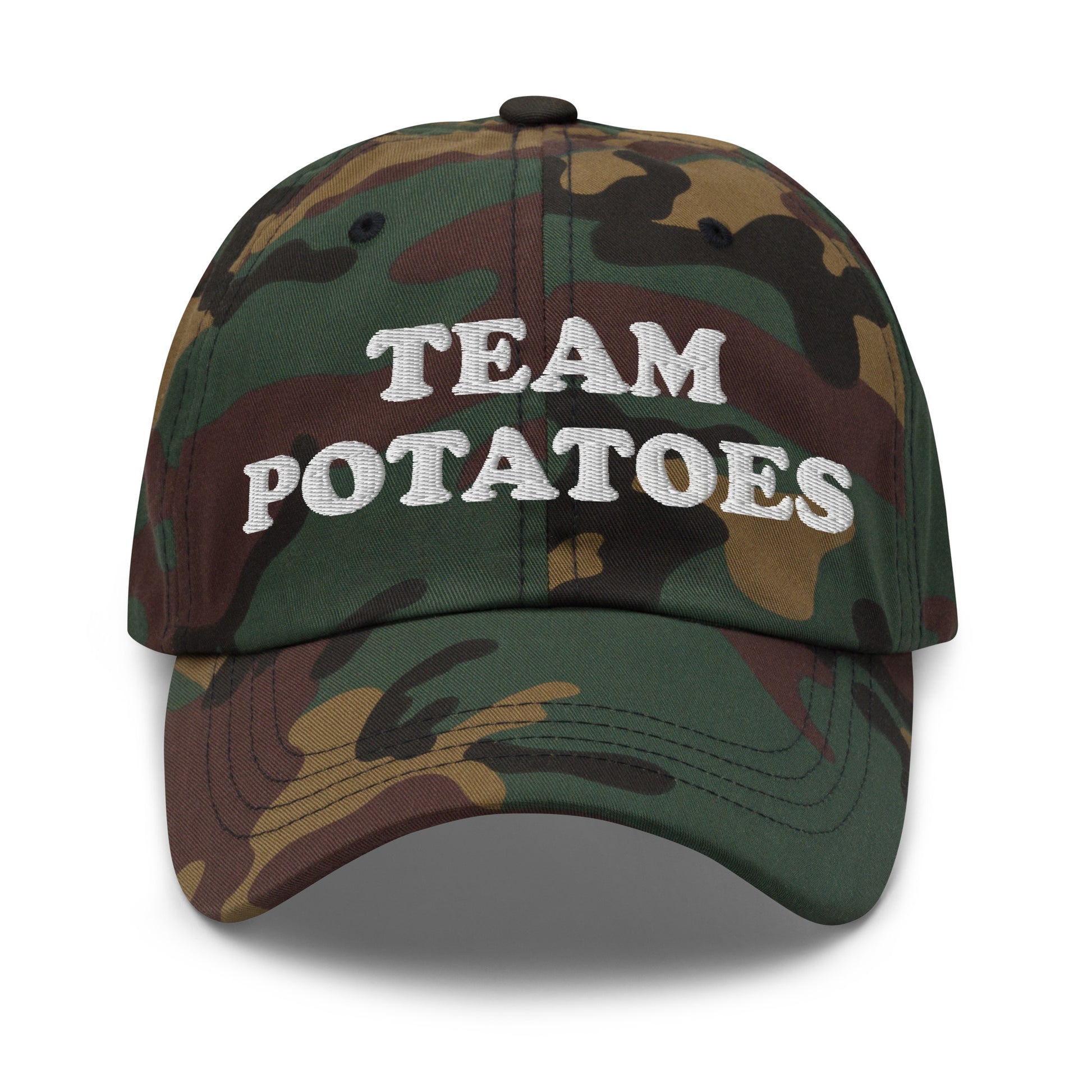 Camo Team Potatoes Hat - Big fan of mashed potatoes? Potato salad? Hash browns? Our Team Potatoes Hat is just what you need! It's a funny dad hat that's comfortable, adjustable and comes in a variety of colors with "Team Potatoes", expertly embroidered just for you.