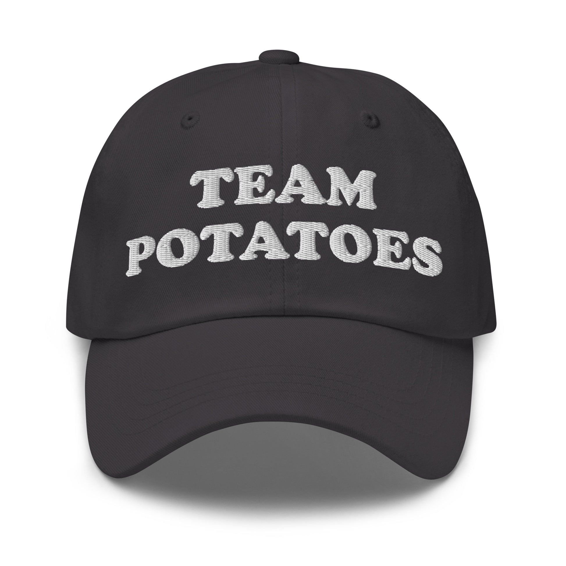 Dark Gray Team Potatoes Hat - Big fan of mashed potatoes? Potato salad? Hash browns? Our Team Potatoes Hat is just what you need! It's a funny dad hat that's comfortable, adjustable and comes in a variety of colors with "Team Potatoes", expertly embroidered just for you.