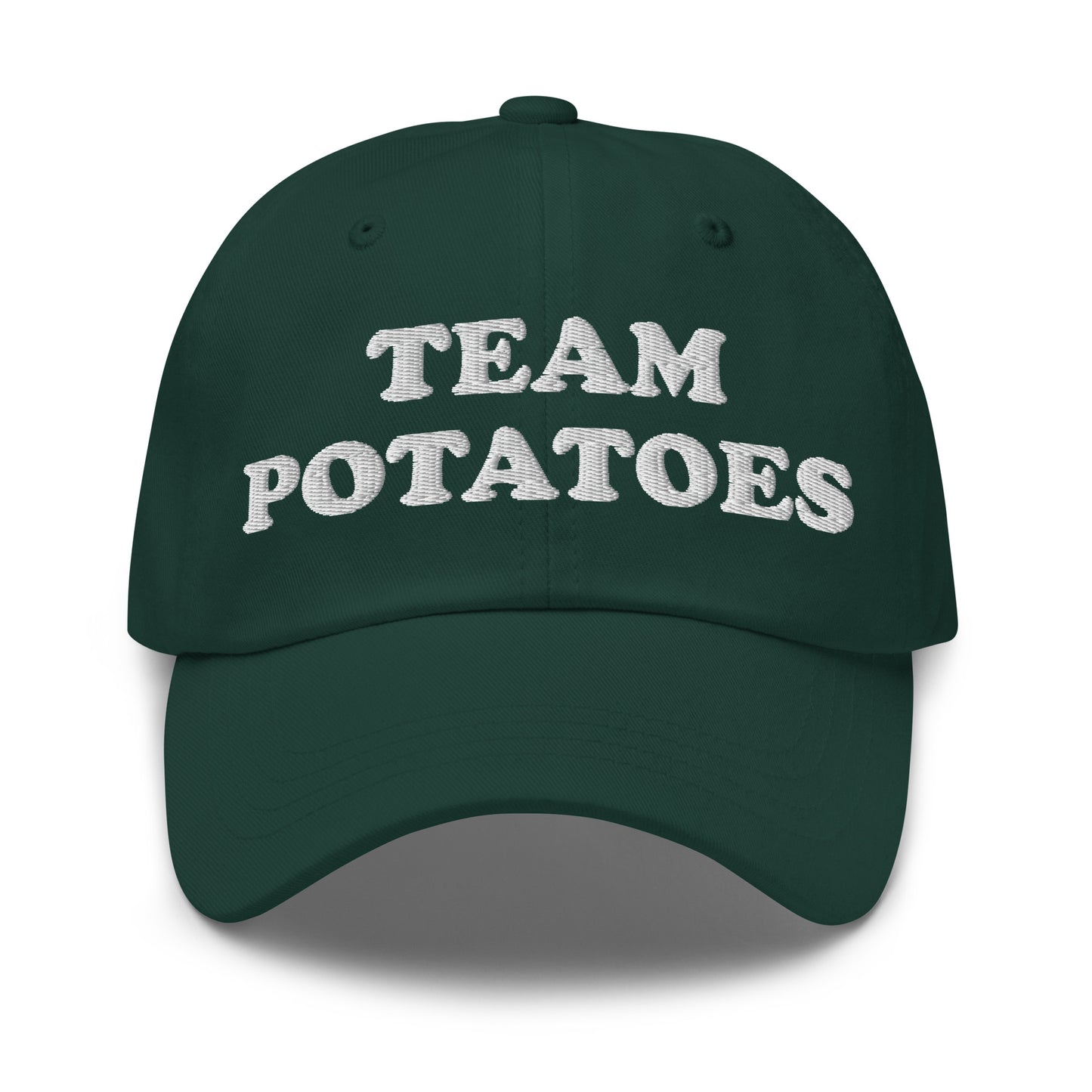 Green Team Potatoes Hat - Big fan of mashed potatoes? Potato salad? Hash browns? Our Team Potatoes Hat is just what you need! It's a funny dad hat that's comfortable, adjustable and comes in a variety of colors with "Team Potatoes", expertly embroidered just for you.