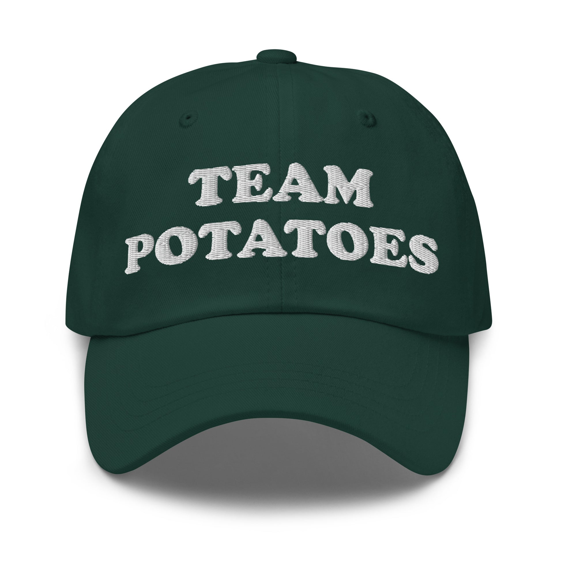 Green Team Potatoes Hat - Big fan of mashed potatoes? Potato salad? Hash browns? Our Team Potatoes Hat is just what you need! It's a funny dad hat that's comfortable, adjustable and comes in a variety of colors with "Team Potatoes", expertly embroidered just for you.