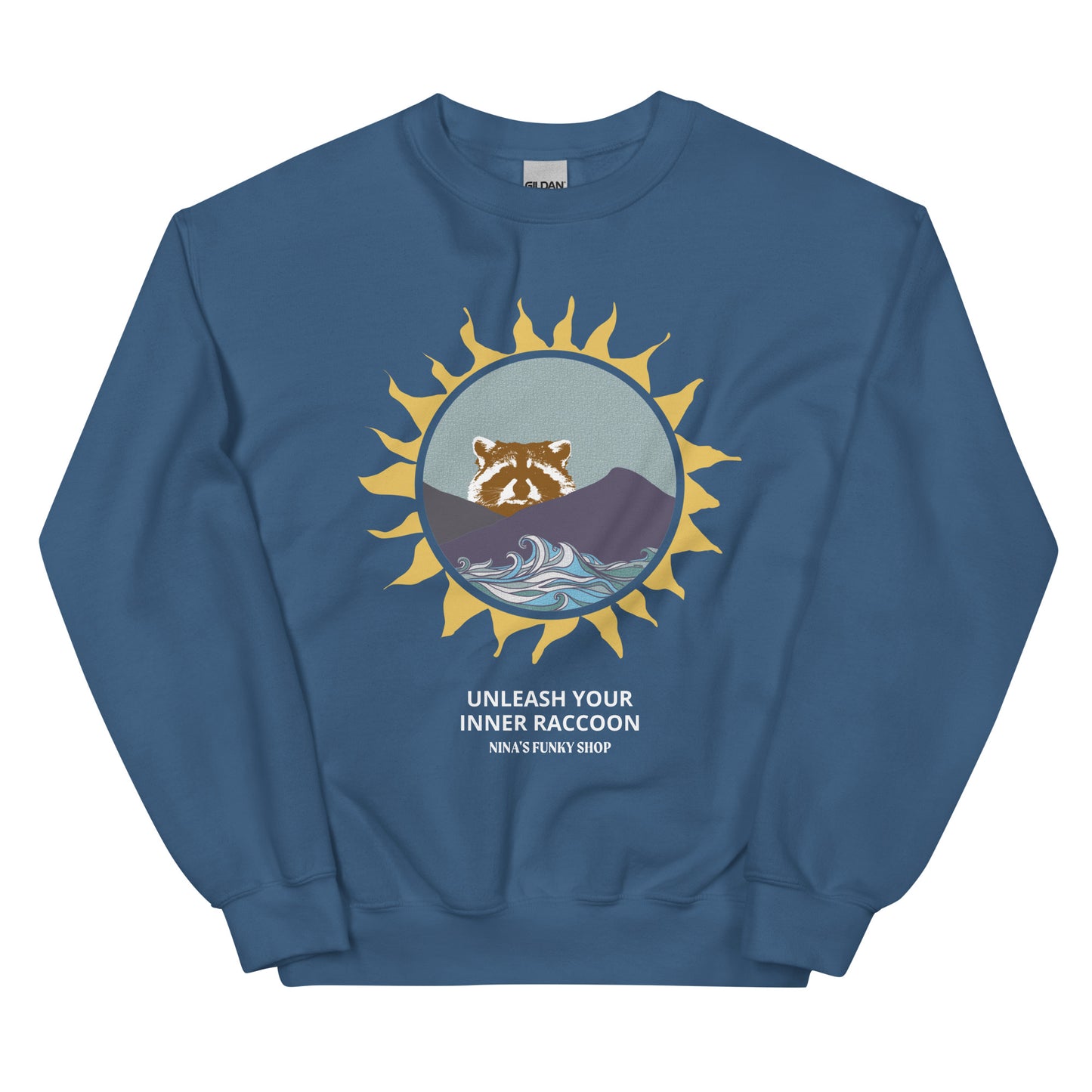 Indigo Blue Raccoon Mountain Sweatshirt - Unleash Your Inner Raccoon
