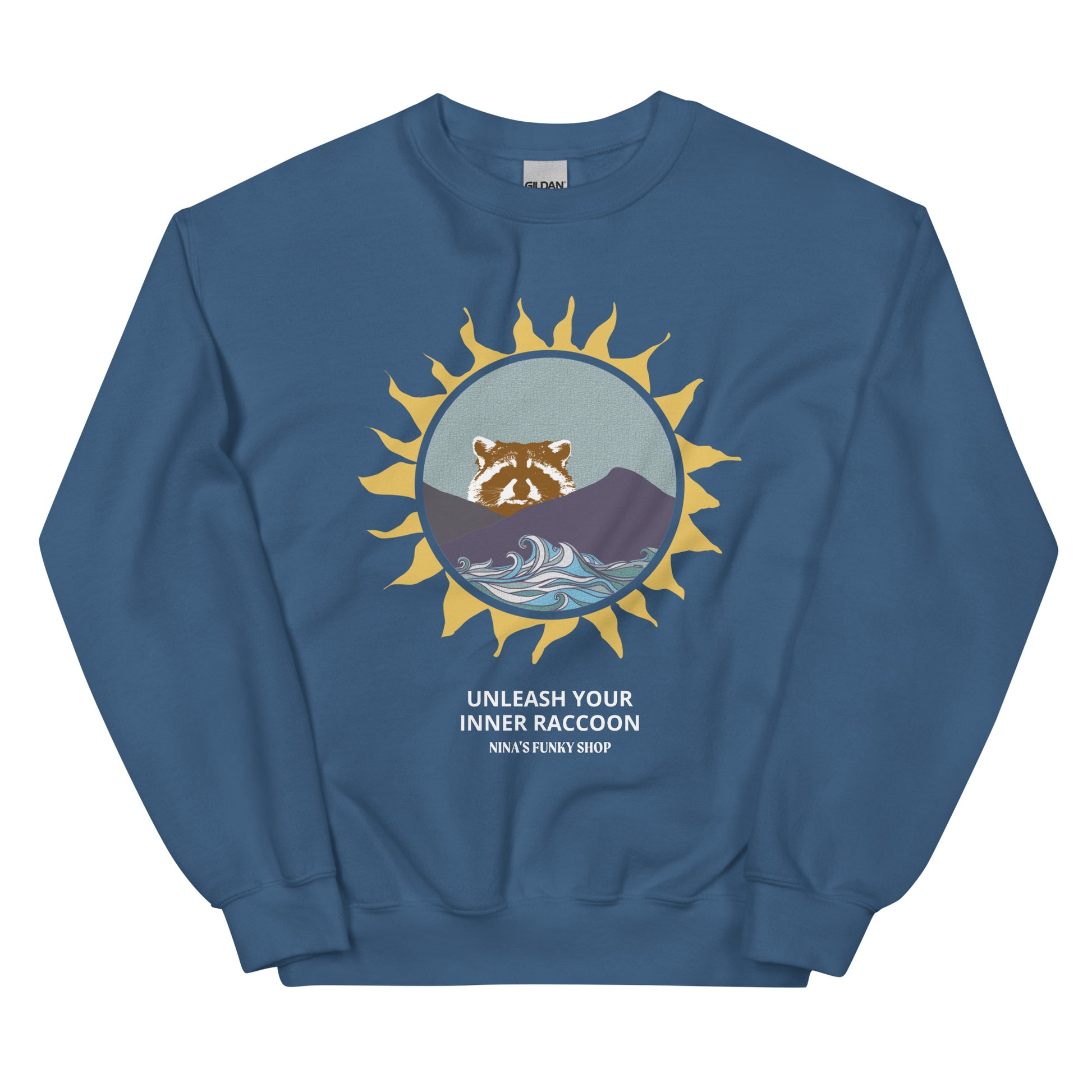 Indigo Blue Raccoon Mountain Sweatshirt - Unleash Your Inner Raccoon