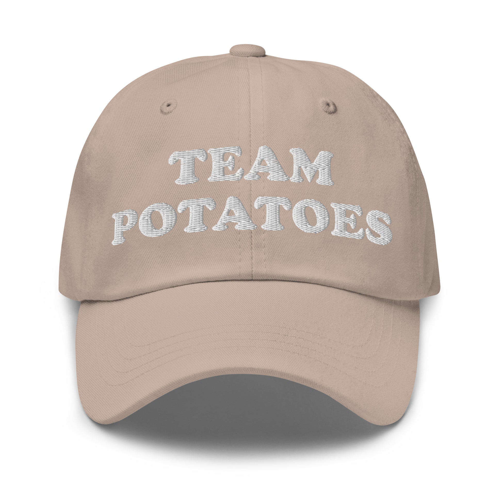 Khaki Team Potatoes Hat - Big fan of mashed potatoes? Potato salad? Hash browns? Our Team Potatoes Hat is just what you need! It's a funny dad hat that's comfortable, adjustable and comes in a variety of colors with "Team Potatoes", expertly embroidered just for you.