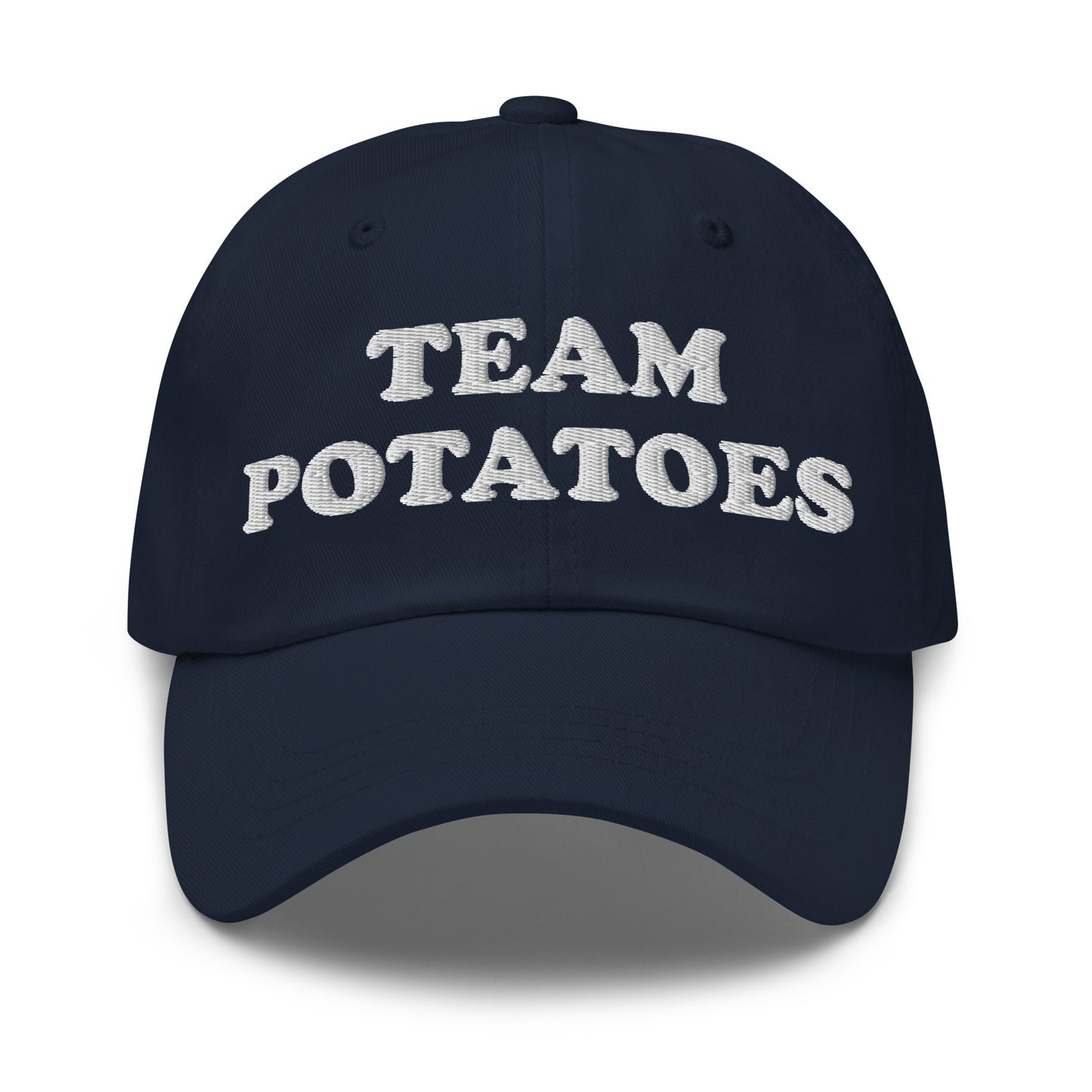 Navy Team Potatoes Hat - Big fan of mashed potatoes? Potato salad? Hash browns? Our Team Potatoes Hat is just what you need! It's a funny dad hat that's comfortable, adjustable and comes in a variety of colors with "Team Potatoes", expertly embroidered just for you.
