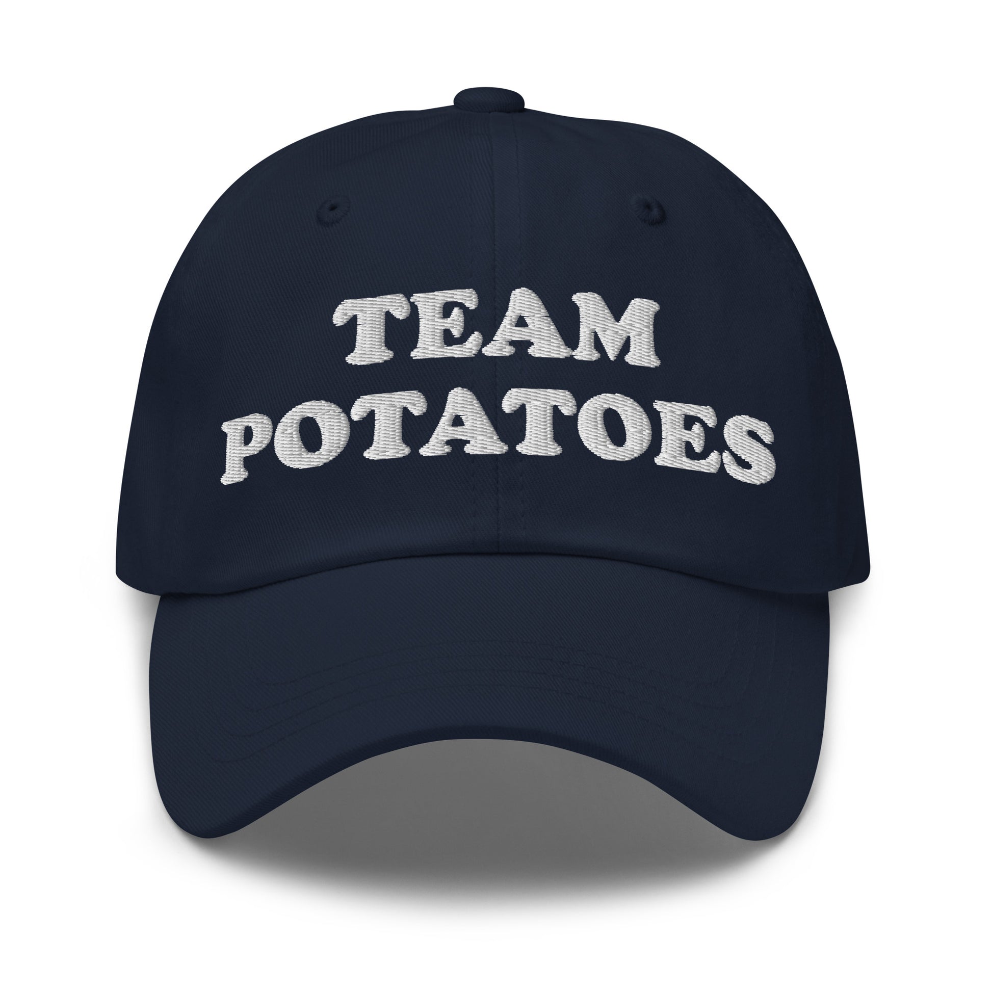 Navy Team Potatoes Hat - Big fan of mashed potatoes? Potato salad? Hash browns? Our Team Potatoes Hat is just what you need! It's a funny dad hat that's comfortable, adjustable and comes in a variety of colors with "Team Potatoes", expertly embroidered just for you.