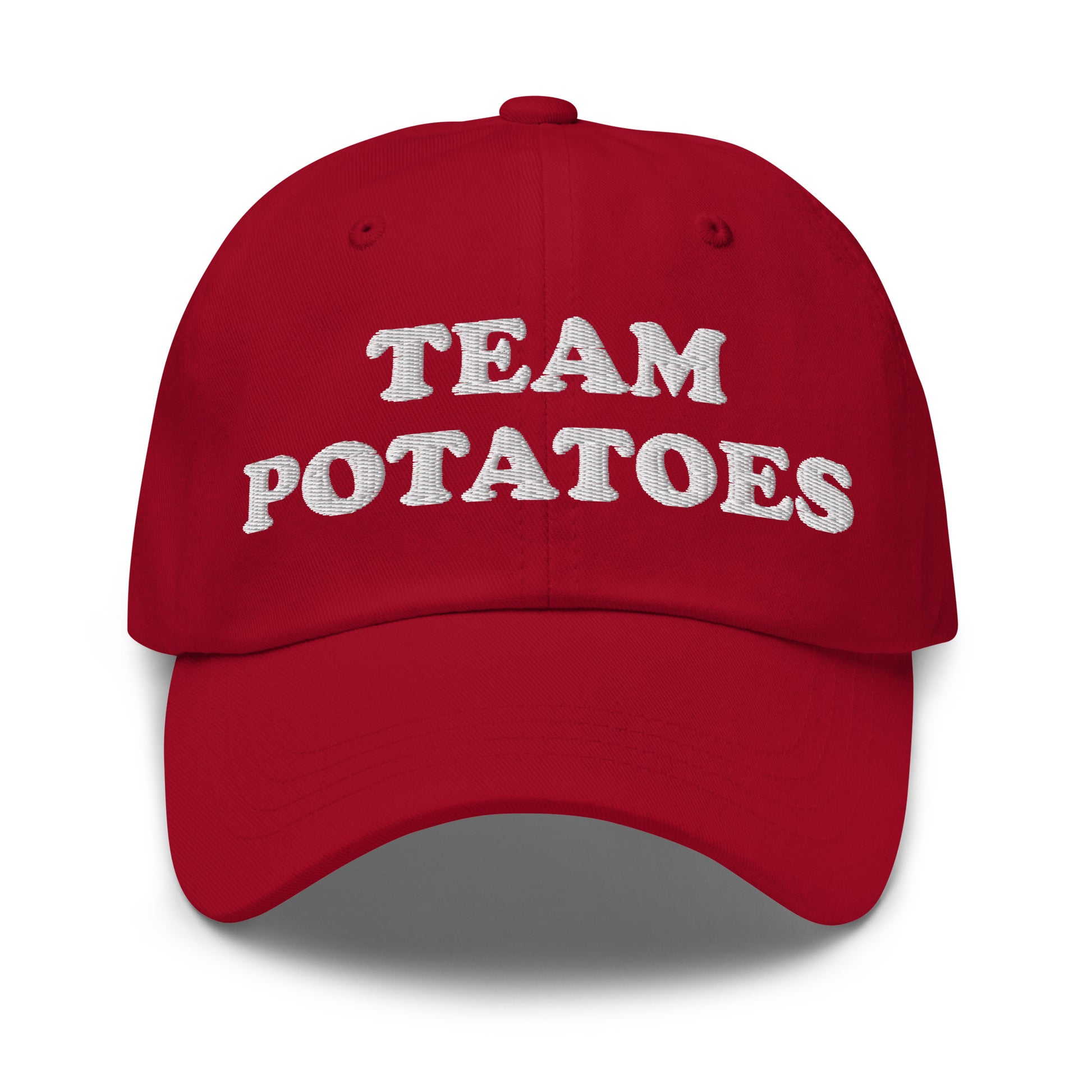 Red Team Potatoes Hat - Big fan of mashed potatoes? Potato salad? Hash browns? Our Team Potatoes Hat is just what you need! It's a funny dad hat that's comfortable, adjustable and comes in a variety of colors with "Team Potatoes", expertly embroidered just for you.