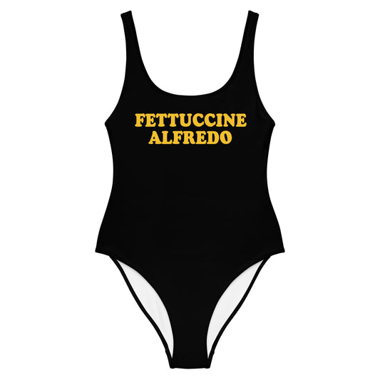 Black Fettuccine Alfredo Bathing suit - Love Fettuccine Alfredo? Looking for a classic one-piece bathing suit with a funny design for foodies? Our Fettuccine Alfredo bathing suit might be just for you! It has a flattering fit that's perfect for the pool, beach or boat this season or give it as a gift for a fettuccine enthusiast! 