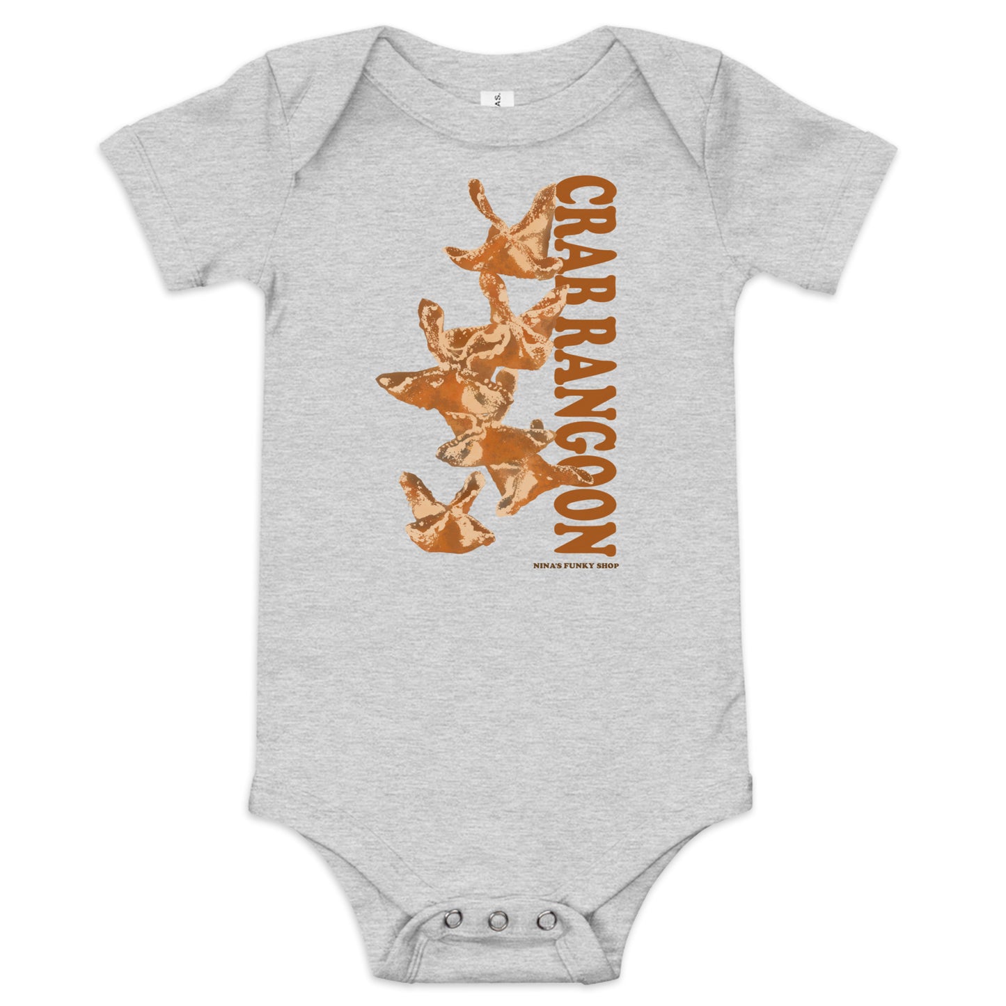 Light Gray  Crab Rangoon Funny Baby Onesie - Love Crab Rangoon? This cute Crab Rangoon onesie is just what you need. Dress your baby in our 100% cotton Crab Rangoon one piece. It has three snap leg closure for easy changing, a comfortable envelope neckline, and a unique Rangoon design, expertly printed on the front. Designed by Nina and made just for you!