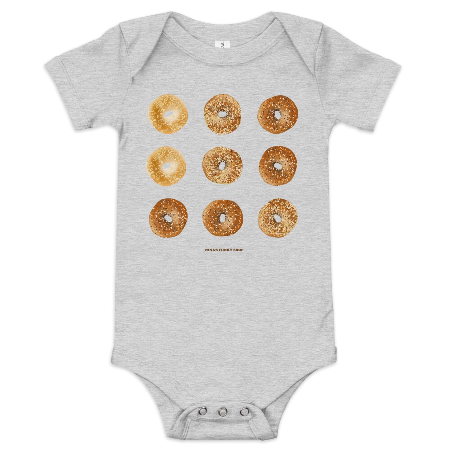 Light Gray Bagel Onesie for Babies with funny design - Love bagels? Dress your baby in our 100% cotton bagel baby onesie. It has three snap leg closure for easy changing, a comfortable envelope neckline, and a unique bagel design, expertly printed on the front. Designed by Nina and made just for you!