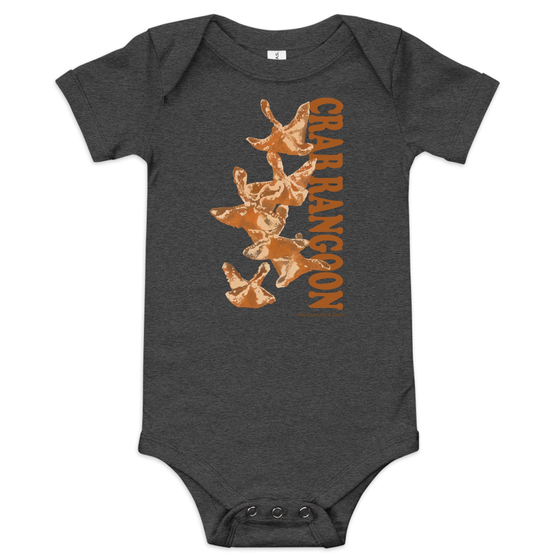 Dark Gray  Crab Rangoon Funny Baby Onesie - Love Crab Rangoon? This cute Crab Rangoon onesie is just what you need. Dress your baby in our 100% cotton Crab Rangoon one piece. It has three snap leg closure for easy changing, a comfortable envelope neckline, and a unique Rangoon design, expertly printed on the front. Designed by Nina and made just for you!