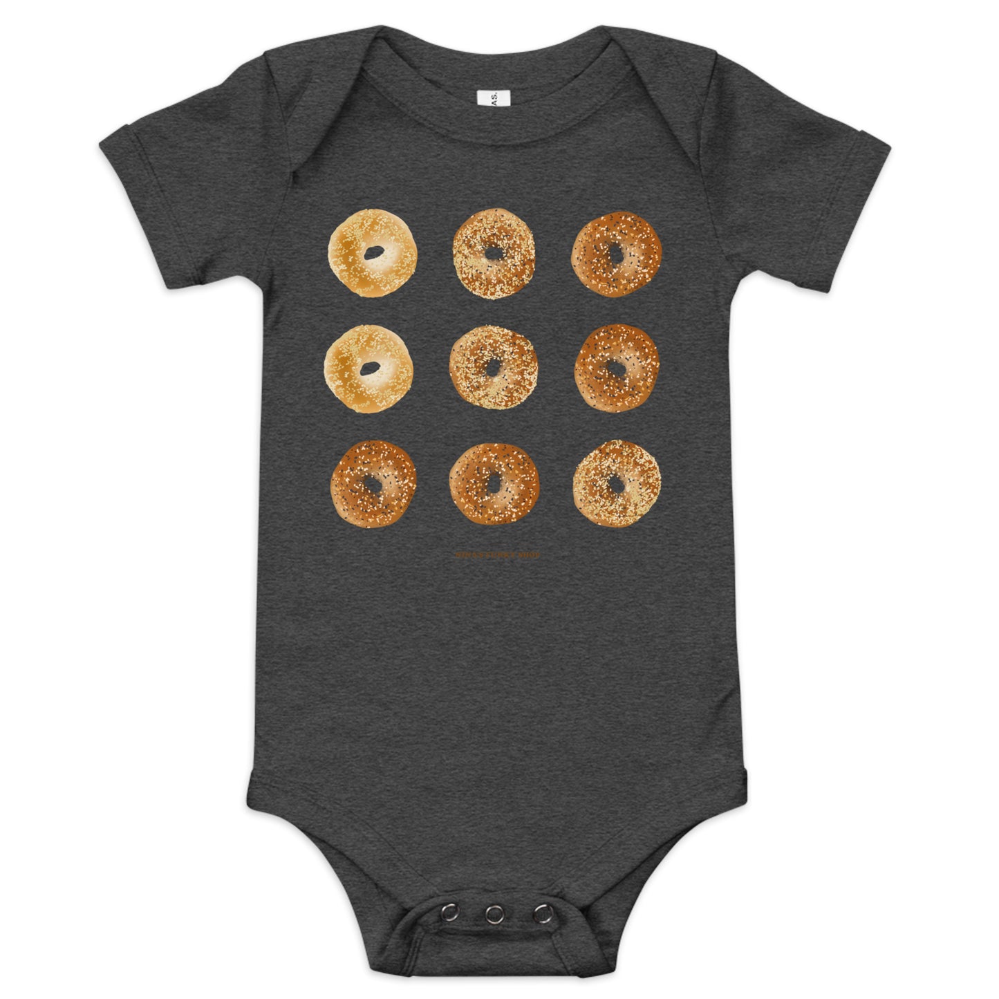 Dark Gray Bagel Onesie for Babies with funny design - Love bagels? Dress your baby in our 100% cotton bagel baby onesie. It has three snap leg closure for easy changing, a comfortable envelope neckline, and a unique bagel design, expertly printed on the front. Designed by Nina and made just for you! 
