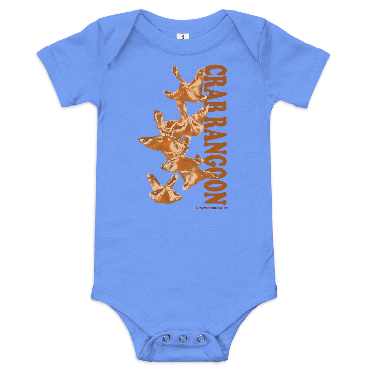 Blue  Crab Rangoon Funny Baby Onesie - Love Crab Rangoon? This cute Crab Rangoon onesie is just what you need. Dress your baby in our 100% cotton Crab Rangoon one piece. It has three snap leg closure for easy changing, a comfortable envelope neckline, and a unique Rangoon design, expertly printed on the front. Designed by Nina and made just for you!