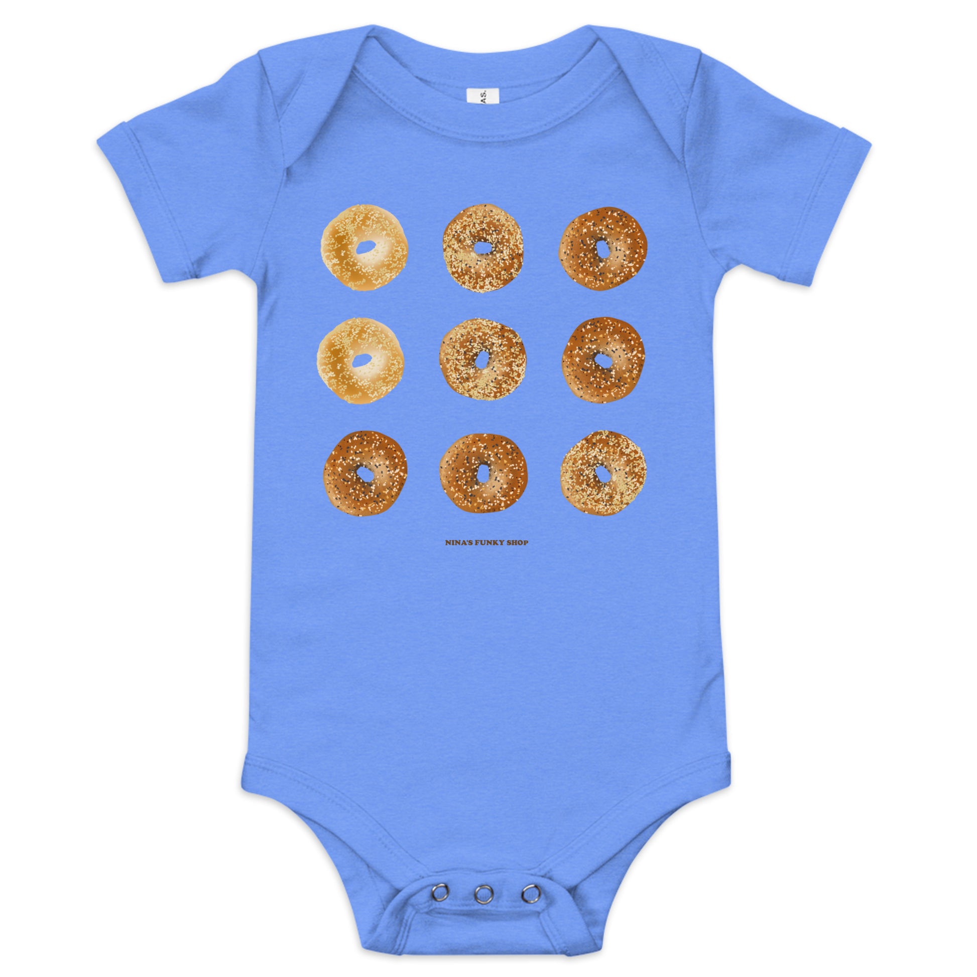 Blue Bagel Onesie for Babies with funny design - Love bagels? Dress your baby in our 100% cotton bagel baby onesie. It has three snap leg closure for easy changing, a comfortable envelope neckline, and a unique bagel design, expertly printed on the front. Designed by Nina and made just for you!