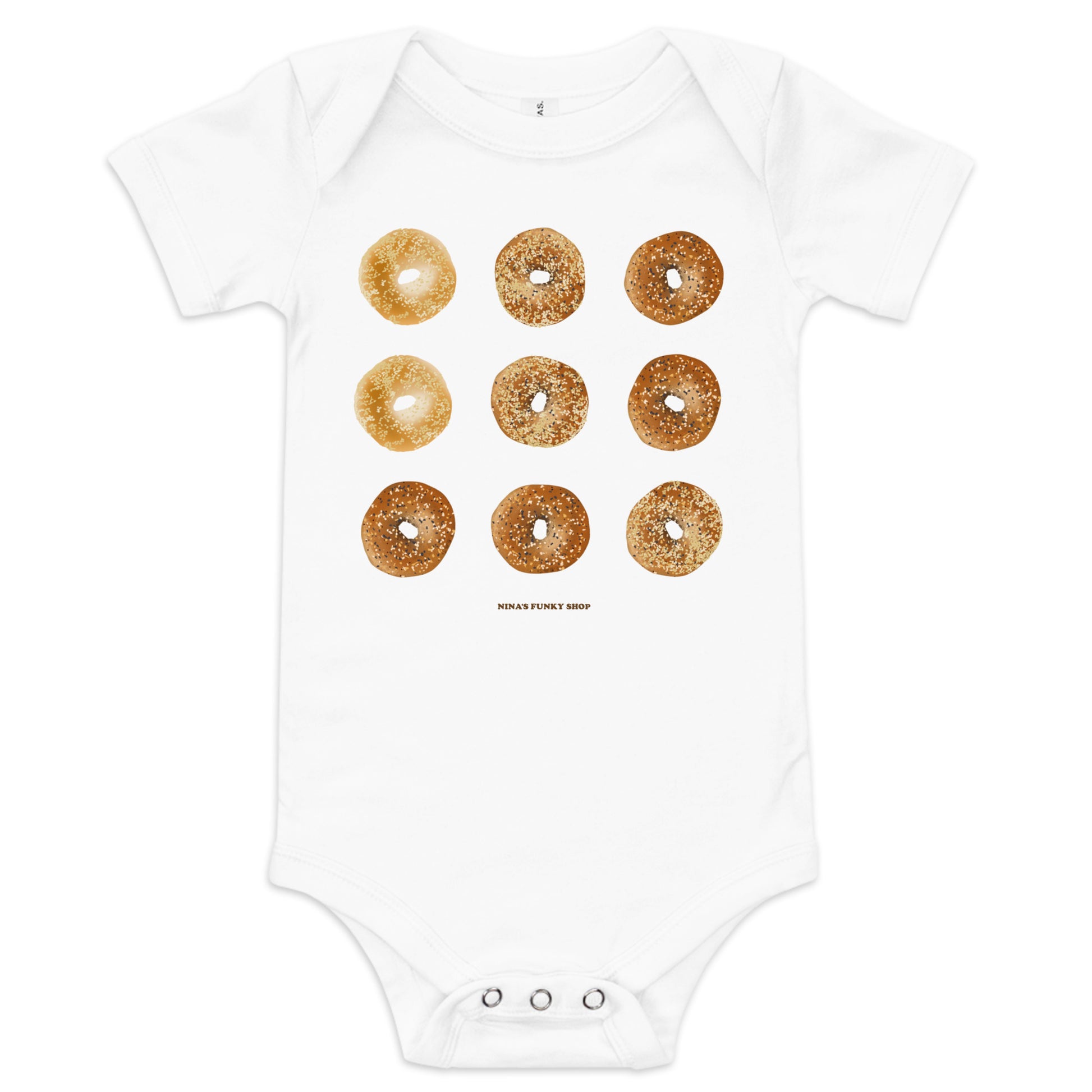 White Bagel Onesie for Babies with funny design - Love bagels? Dress your baby in our 100% cotton bagel baby onesie. It has three snap leg closure for easy changing, a comfortable envelope neckline, and a unique bagel design, expertly printed on the front. Designed by Nina and made just for you!