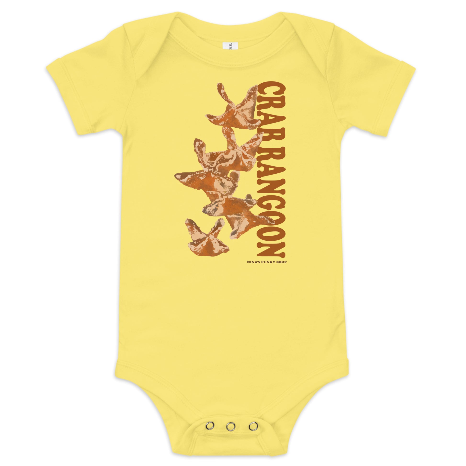 Yellow  Crab Rangoon Funny Baby Onesie - Love Crab Rangoon? This cute Crab Rangoon onesie is just what you need. Dress your baby in our 100% cotton Crab Rangoon one piece. It has three snap leg closure for easy changing, a comfortable envelope neckline, and a unique Rangoon design, expertly printed on the front. Designed by Nina and made just for you!