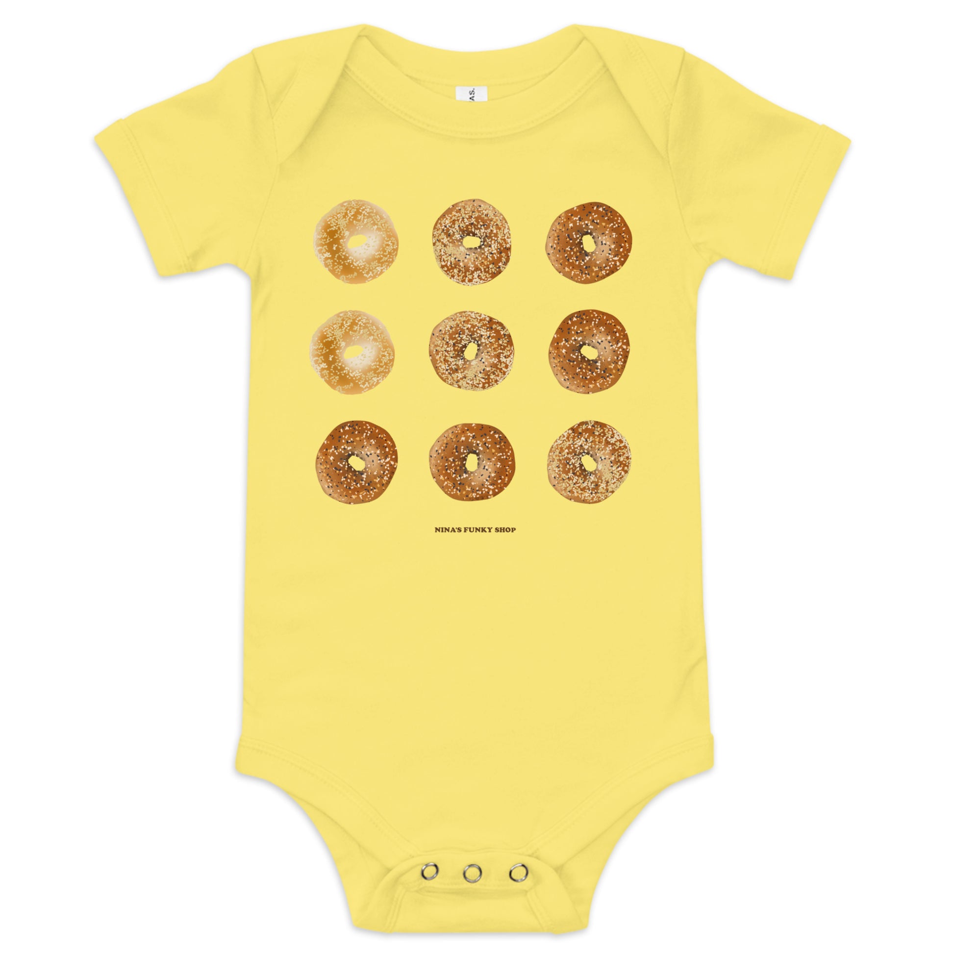 Yellow Bagel Onesie for Babies with funny design - Love bagels? Dress your baby in our 100% cotton bagel baby onesie. It has three snap leg closure for easy changing, a comfortable envelope neckline, and a unique bagel design, expertly printed on the front. Designed by Nina and made just for you!