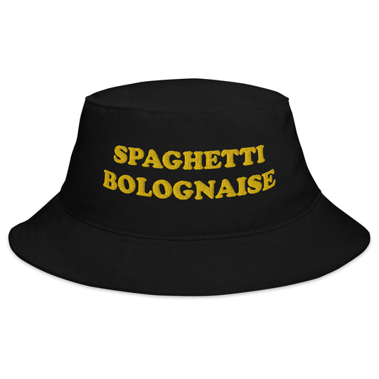 Black spaghetti lover bucket hat - Make a statement and eat spaghetti in style in this cotton trendy, spaghetti Bolognese bucket hat. It's a unique foodie hat that's eco friendly and embroidered just for you. This funny bucket hat is perfect for everyday adventures, sunny beach days and a weird gift for your favorite spaghetti Bolognese lover. 