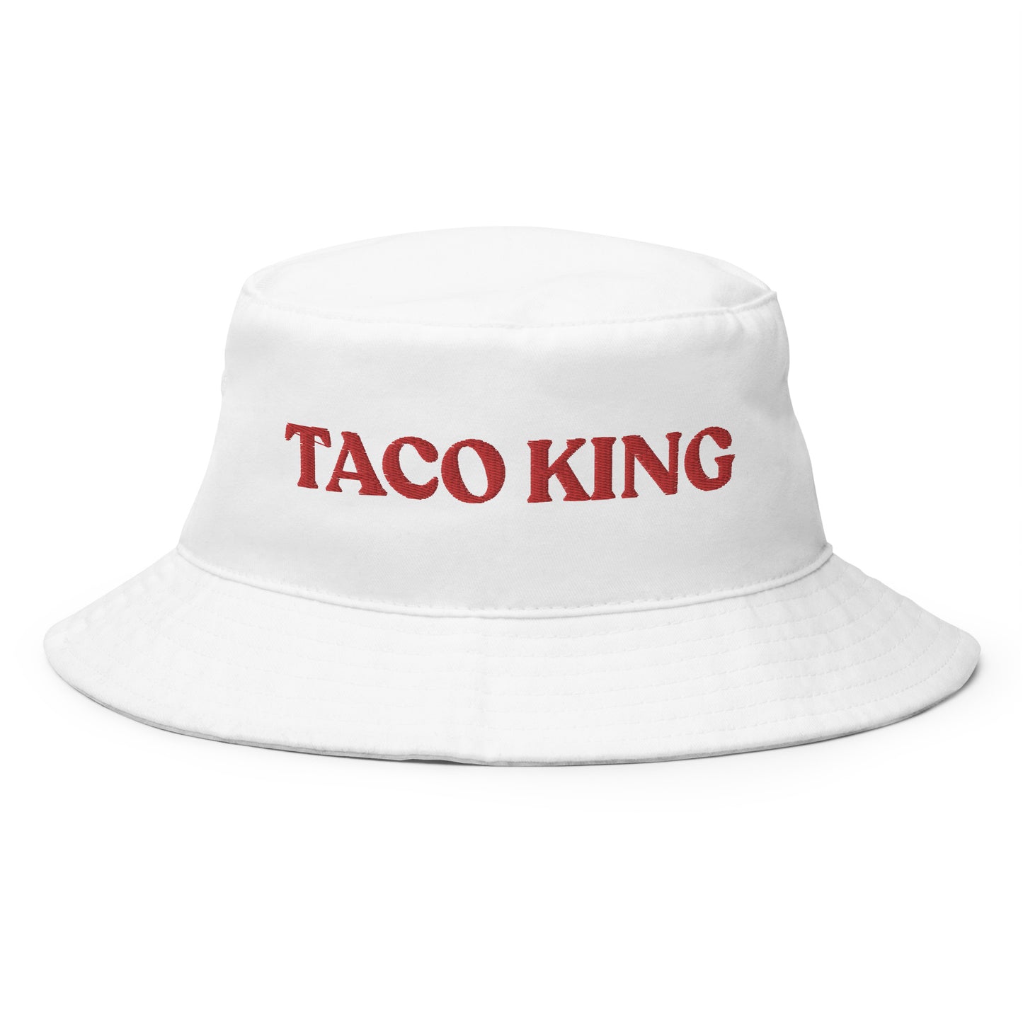 White Taco King Bucket Hat - Our Taco King Bucket Hat is comfortable and made of 100% cotton. It's a funny food hat that's sure to turn heads and have people asking you where to get the best tacos. Eat your favorite foods in this taco hat or give it as a gift for a taco lover. Celebrate your favorite foods in our funky foodie clothing and accessories.
