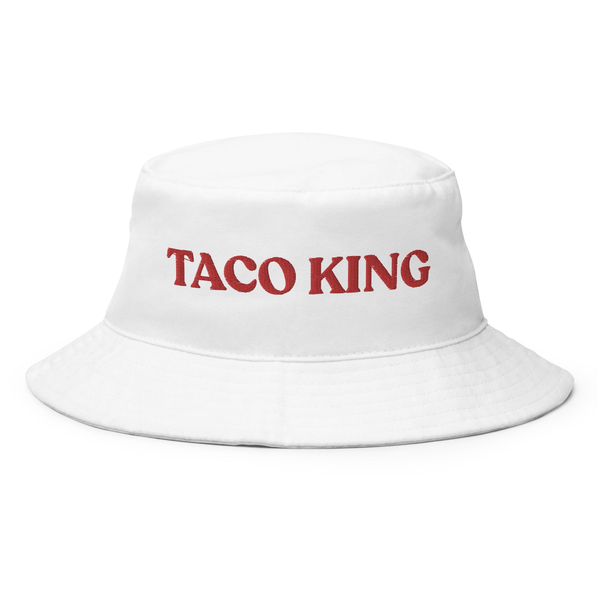 White Taco King Bucket Hat - Our Taco King Bucket Hat is comfortable and made of 100% cotton. It's a funny food hat that's sure to turn heads and have people asking you where to get the best tacos. Eat your favorite foods in this taco hat or give it as a gift for a taco lover. Celebrate your favorite foods in our funky foodie clothing and accessories.