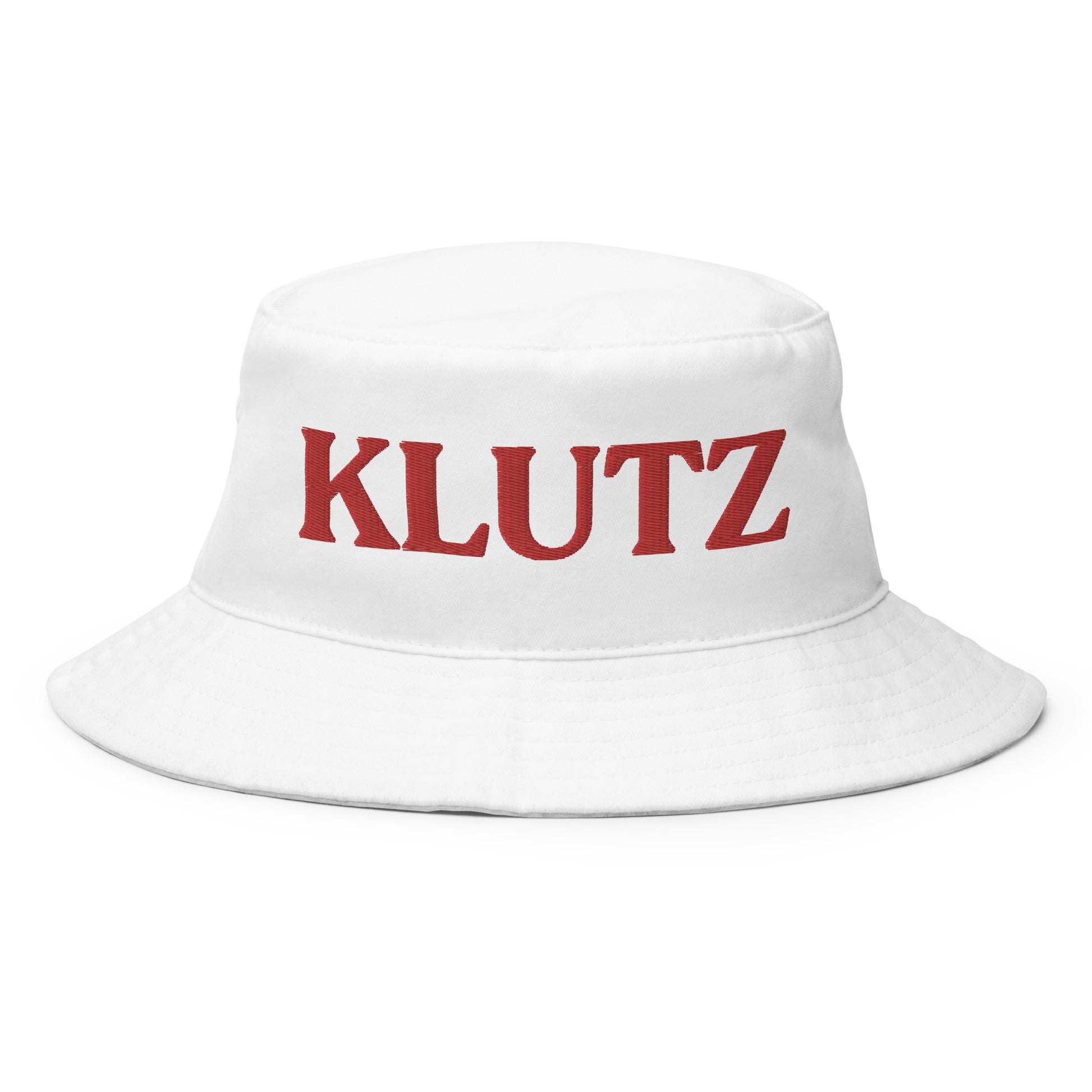 White Klutz Hat - Are you a klutz? Looking for a funny gift? Our Klutz Bucket Hat is made of 100% cotton and perfect for everyday streetwear. It's a funny bucket hat with "klutz", expertly embroidered on the front. Our funny and sarcastic apparel is designed by Nina and made just for you!