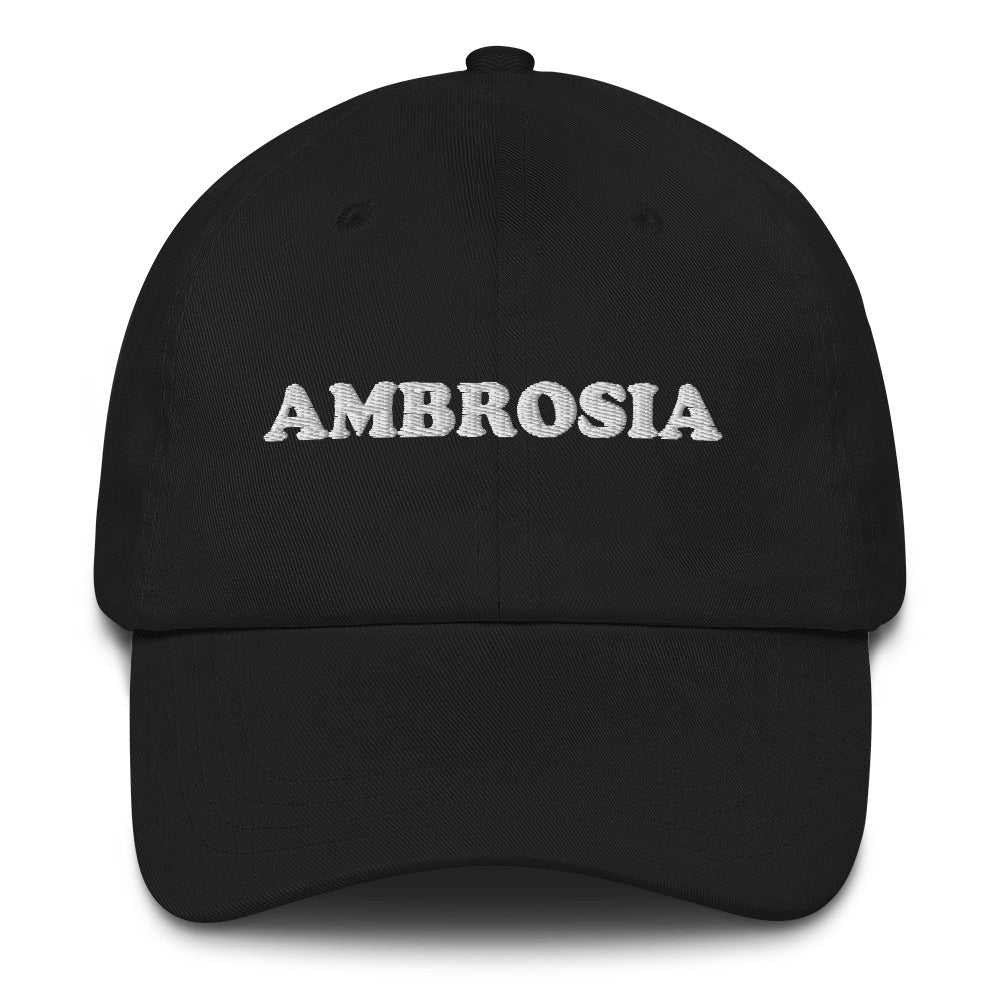 Random black dad hat for foodies - Show your love of ambrosia in this random ambrosia dad hat. It's a weird dad hat for foodies and ambrosia enthusiasts. The embroidered, unique dad hat is comfortable and made just for you. Celebrate your favorite foods and make a statement and wear this dad hat everyday or give it as a funny gift for foodies. 