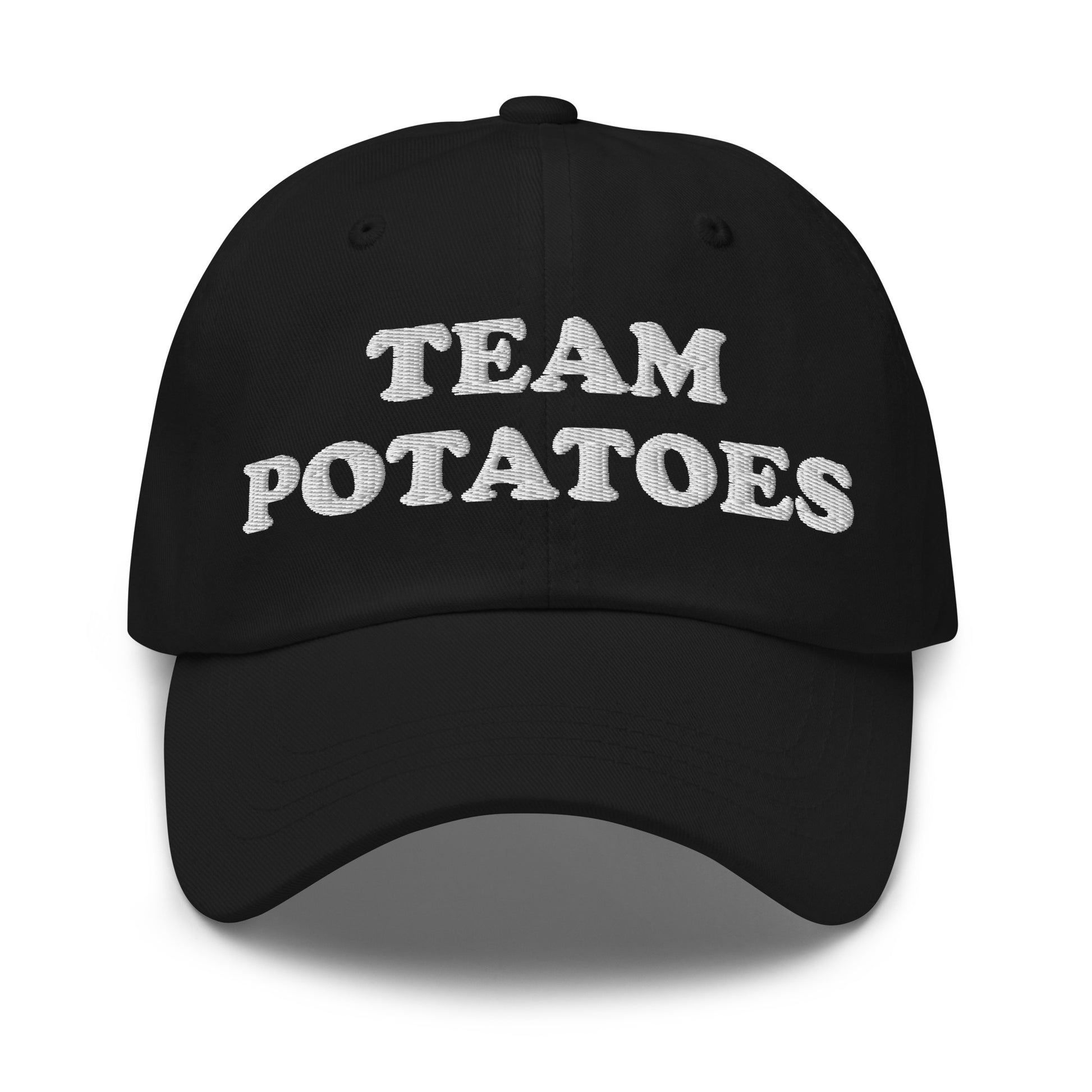 Black Team Potatoes Hat - Big fan of mashed potatoes? Potato salad? Hash browns? Our Team Potatoes Hat is just what you need! It's a funny dad hat that's comfortable, adjustable and comes in a variety of colors with "Team Potatoes", expertly embroidered just for you.