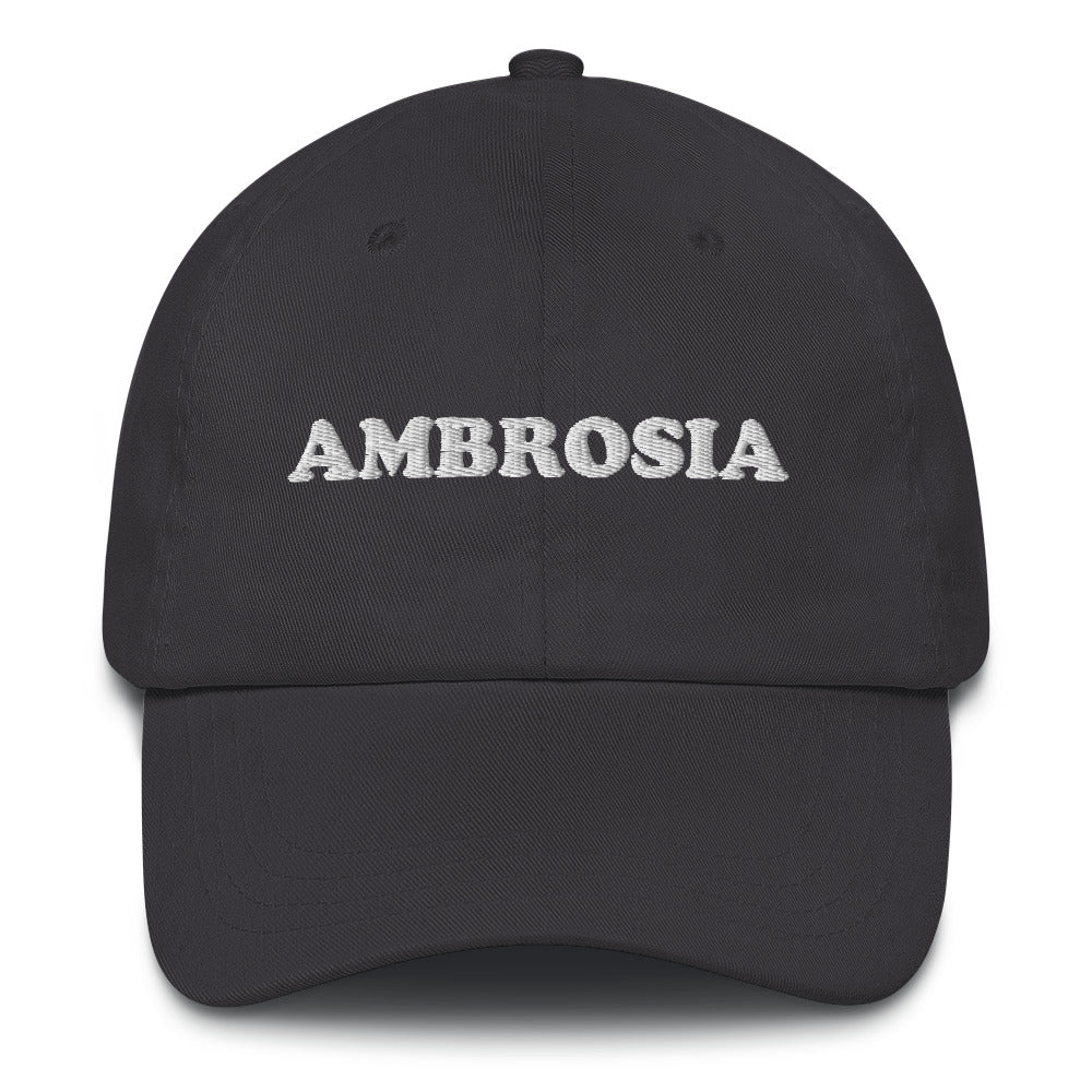 Random Gray dad hat - Show your love of ambrosia in this random ambrosia dad hat. It's a weird dad hat for foodies and ambrosia enthusiasts. The embroidered, unique dad hat is comfortable and made just for you. Celebrate your favorite foods and make a statement and wear this dad hat everyday or give it as a funny gift for foodies. 