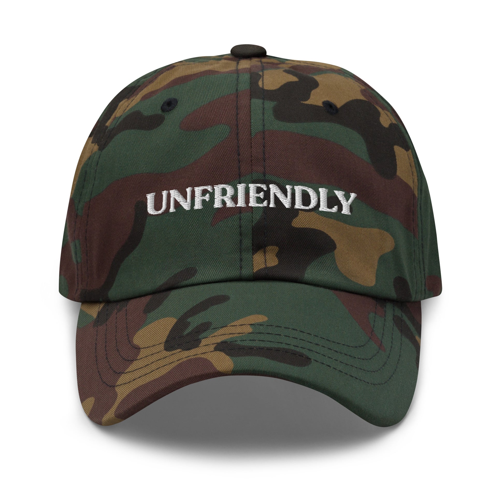 Camo Unfriendly Hat - Are you unfriendly? Want to just be left alone? Our unfriendly dad hat is just what you need! This funny dad is made of comfortable cotton with an adjustable closure and the word "unfriendly", expertly embroidered on the front. It's a funny gift for introverts and a classic hat for everyday style.