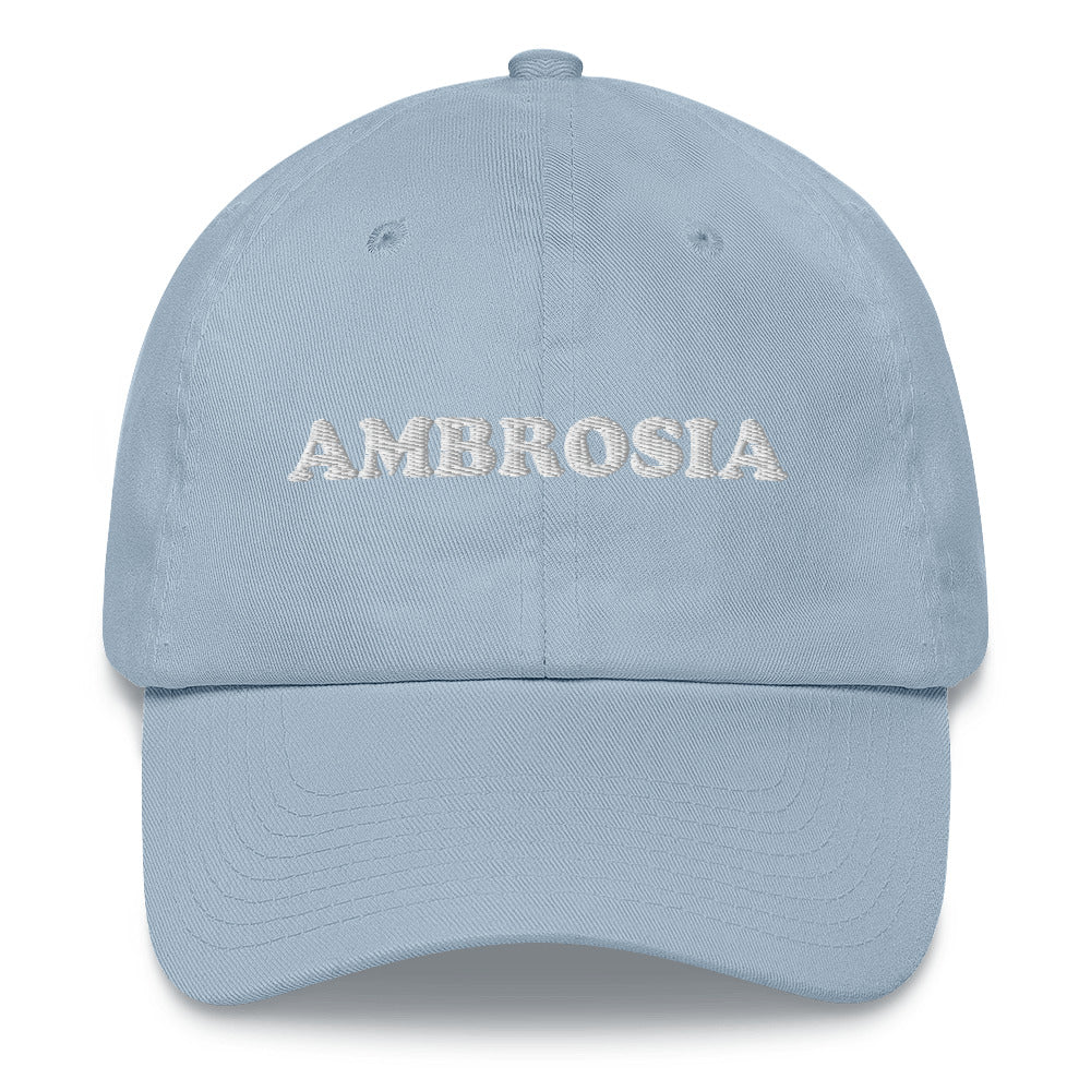 Light blue dad hat for foodies - Show your love of ambrosia in this random ambrosia dad hat. It's a weird dad hat for foodies and ambrosia enthusiasts. The embroidered, unique dad hat is comfortable and made just for you. Celebrate your favorite foods and make a statement and wear this dad hat everyday or give it as a funny gift for foodies. 