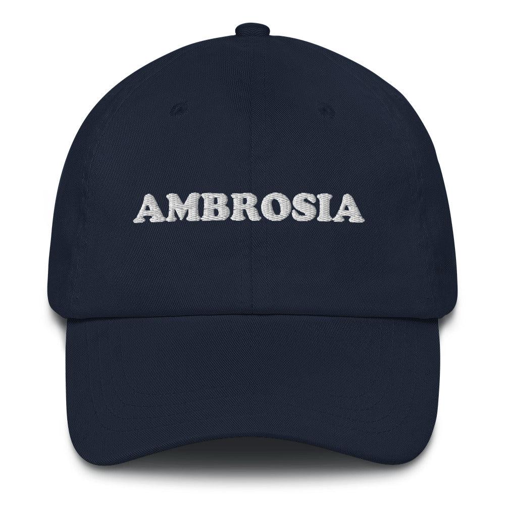 Weird navy dad hat -Show your love of ambrosia in this random ambrosia dad hat. It's a weird dad hat for foodies and ambrosia enthusiasts. The embroidered, unique dad hat is comfortable and made just for you. Celebrate your favorite foods and make a statement and wear this dad hat everyday or give it as a funny gift for foodies. 