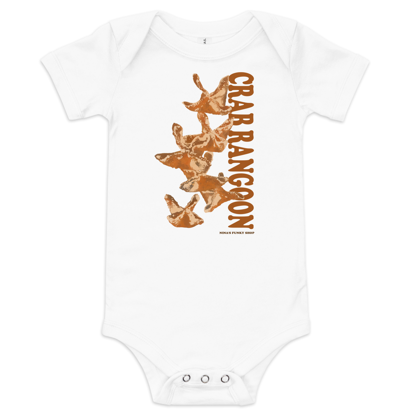 White  Crab Rangoon Funny Baby Onesie - Love Crab Rangoon? This cute Crab Rangoon onesie is just what you need. Dress your baby in our 100% cotton Crab Rangoon one piece. It has three snap leg closure for easy changing, a comfortable envelope neckline, and a unique Rangoon design, expertly printed on the front. Designed by Nina and made just for you!