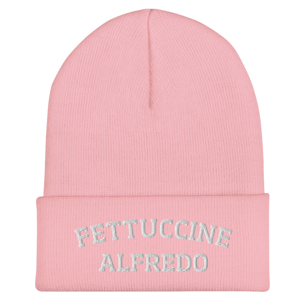 Pink Fettuccine Alfredo Beanie from Nina's Funky Shop by ninanush - Do you love Fettuccine Alfredo? Are you looking for a funny gift for a foodie friend? Our Fettuccine Alfredo Beanie is warm, cozy and the perfect funky hat for pasta enthusiasts of all kinds. Show off in this funny foodie beanie. It comes in a variety of colors, each expertly embroidered with the words "Fettuccine Alfredo". A statement hat for fettuccine lovers, designed by Nina and made just for you!