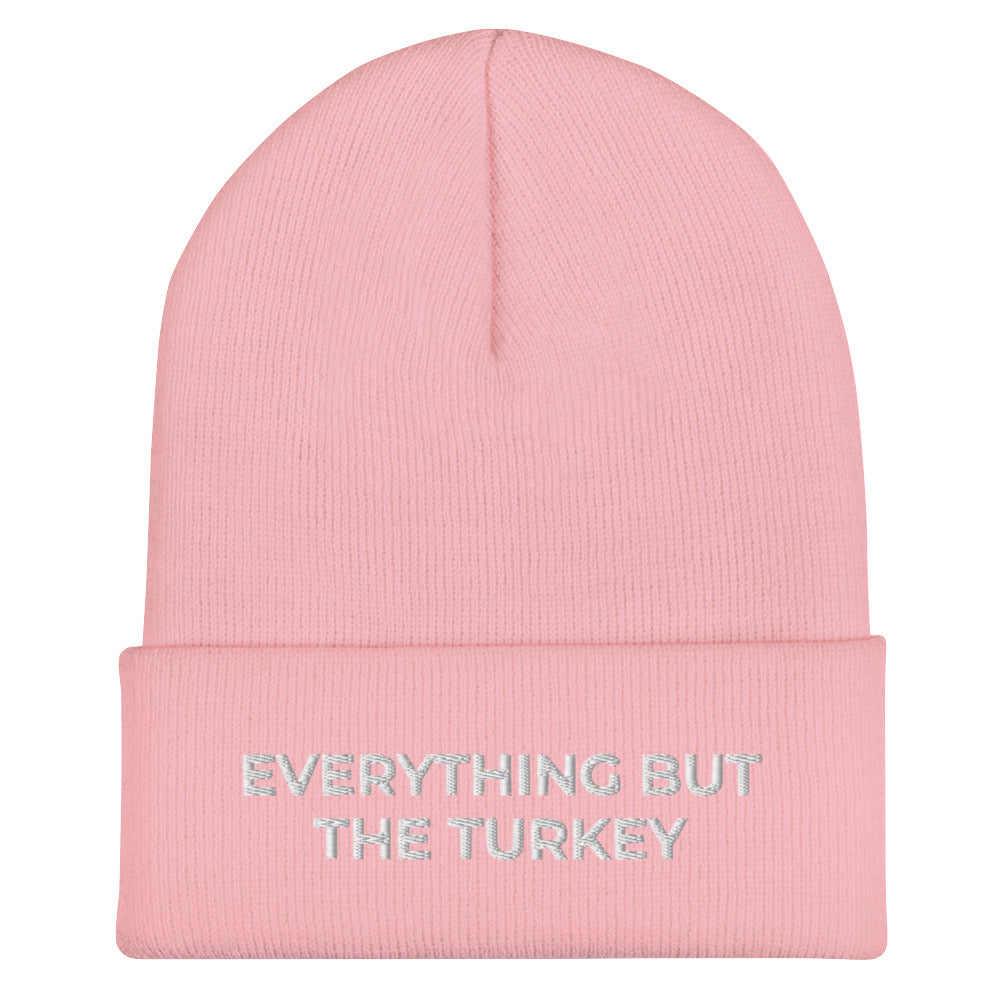 Pink Everything But The Turkey Vegan Holiday Hat from Nina's Funky Shop by ninanush - Do you love Turkeys? Looking for a funny holiday gift for a vegan? Our Everything But The Turkey Beanie is perfect funky hat for animal lovers and plant based babes of all kinds. Show off in this funny vegan foodie beanie. It comes in a variety of colors, with "Everything But The Turkey" on the front. A statement hat for vegans and vegetarians, designed by Nina and made just for you!