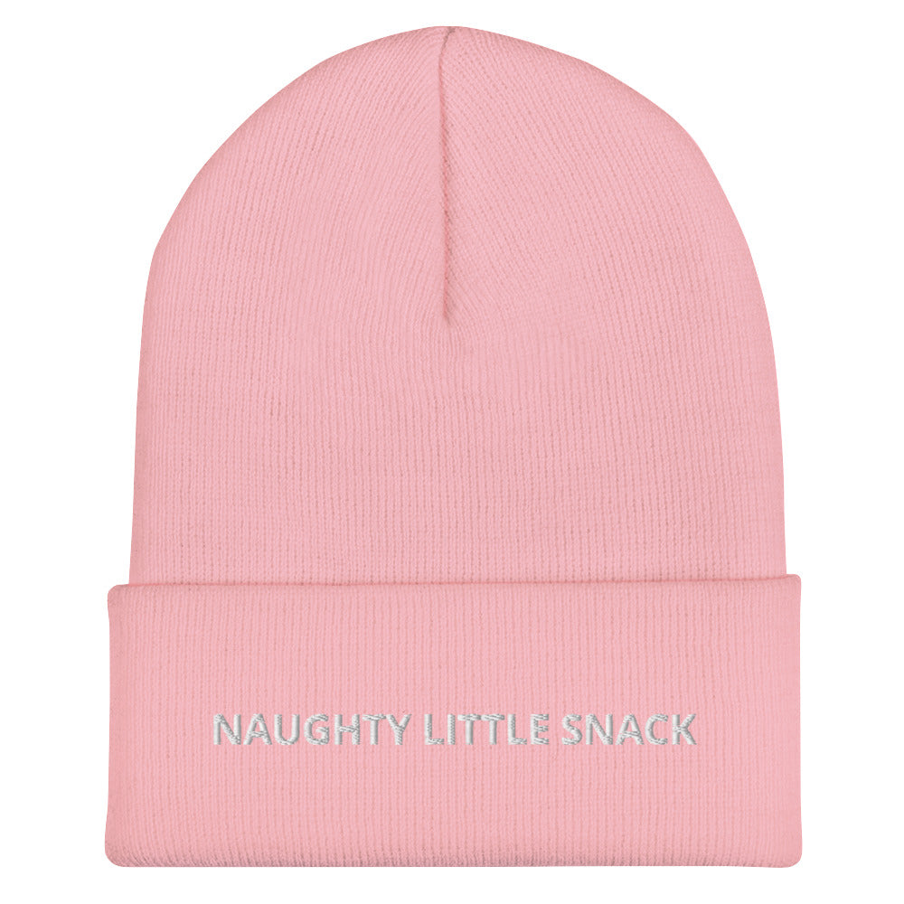 Light Pink Naughty Little Snack Beanie from Nina's Funky Shop by ninanush - Love naughty little snacks? Looking for a funny gift? Our Naughty Little Snack Beanie is warm, cozy and just what you need. It comes in a variety of colors, each expertly embroidered with the words "Naughty Little Snack". A funny foodie hat, designed by Nina and made just for you! Celebrate your favorite foods in our funky foodie apparel.