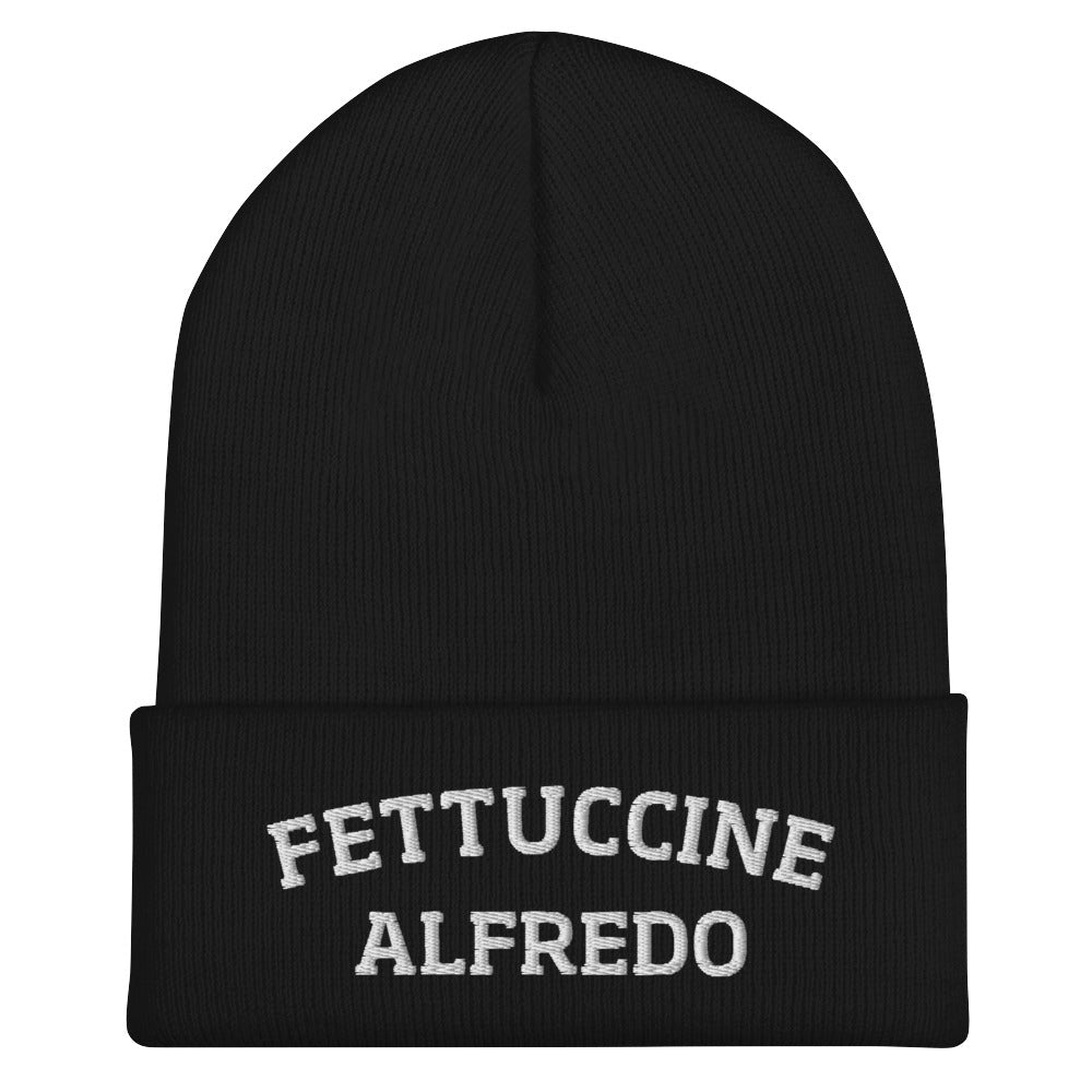 Black Fettuccine Alfredo Beanie from Nina's Funky Shop by ninanush - Do you love Fettuccine Alfredo? Are you looking for a funny gift for a foodie friend? Our Fettuccine Alfredo Beanie is warm, cozy and the perfect funky hat for pasta enthusiasts of all kinds. Show off in this funny foodie beanie. It comes in a variety of colors, each expertly embroidered with the words "Fettuccine Alfredo". A statement hat for fettuccine lovers, designed by Nina and made just for you!